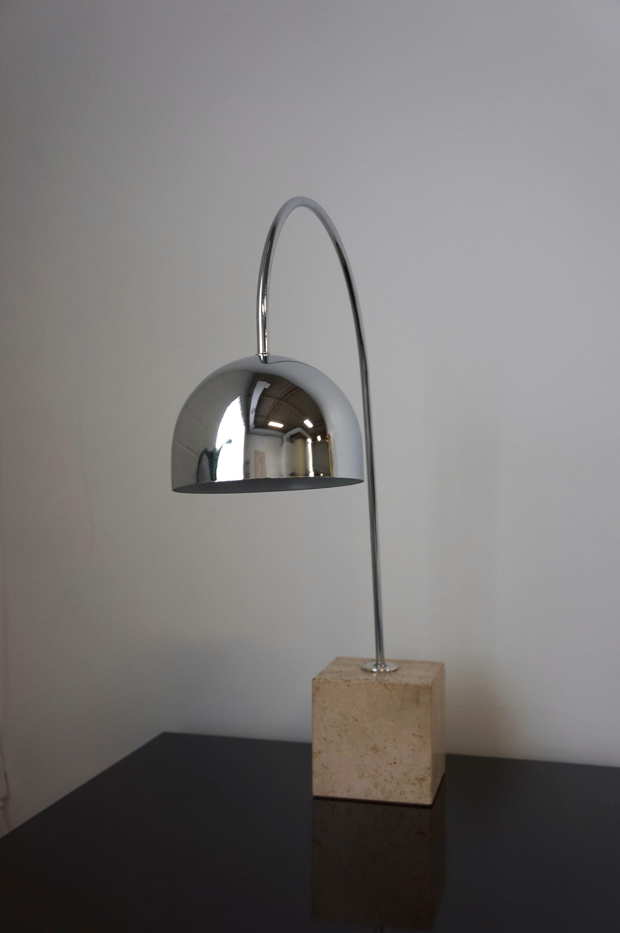 Italian Harvey Guzzini Chrome and Travertine Base Arc Table Lamp  For Sale