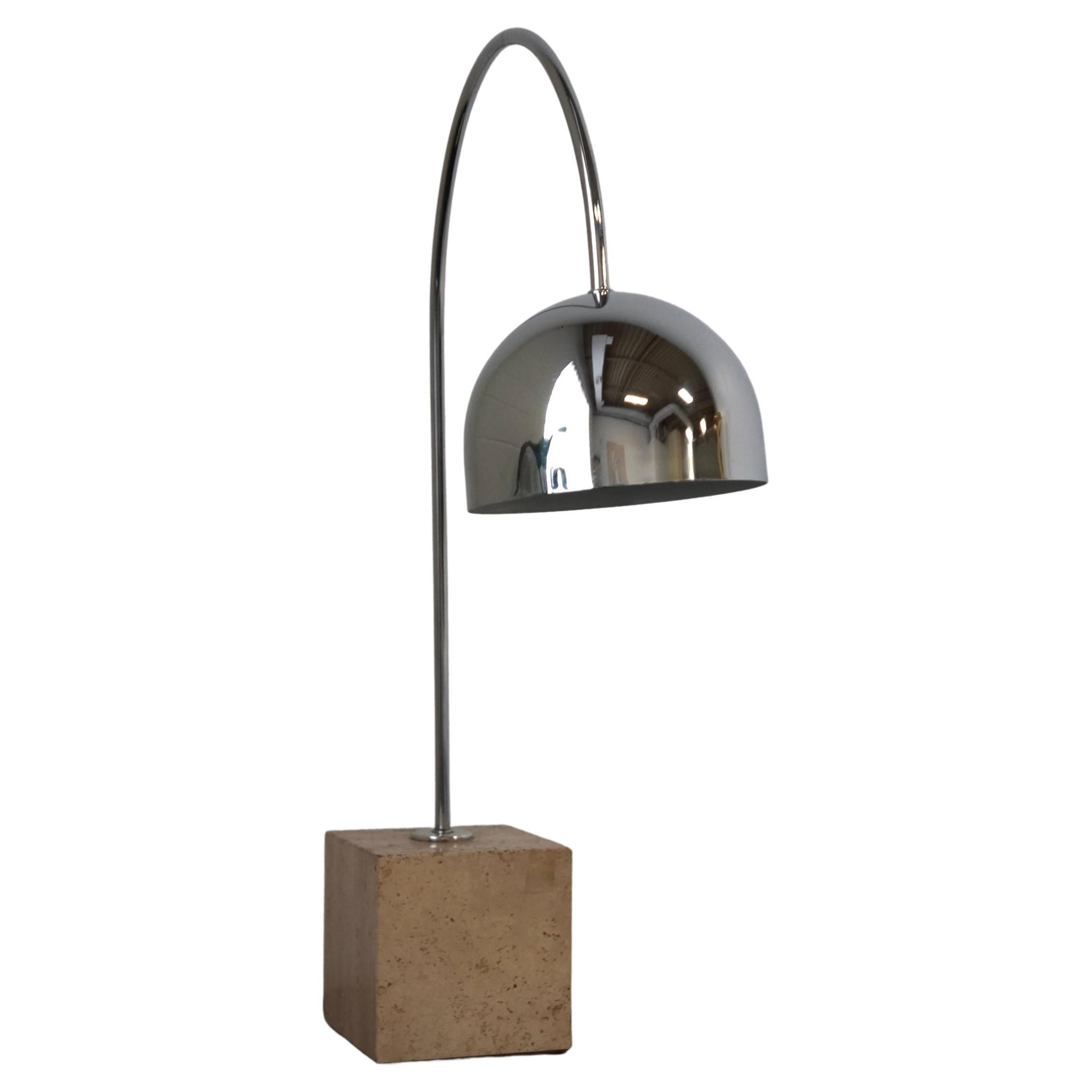 Harvey Guzzini Chrome and Travertine Base Arc Table Lamp  For Sale