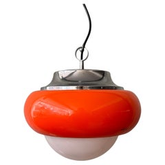 Harvey Guzzini Orange Acrylic and Glass Ceiling Lamp Chrome Italy 1970s