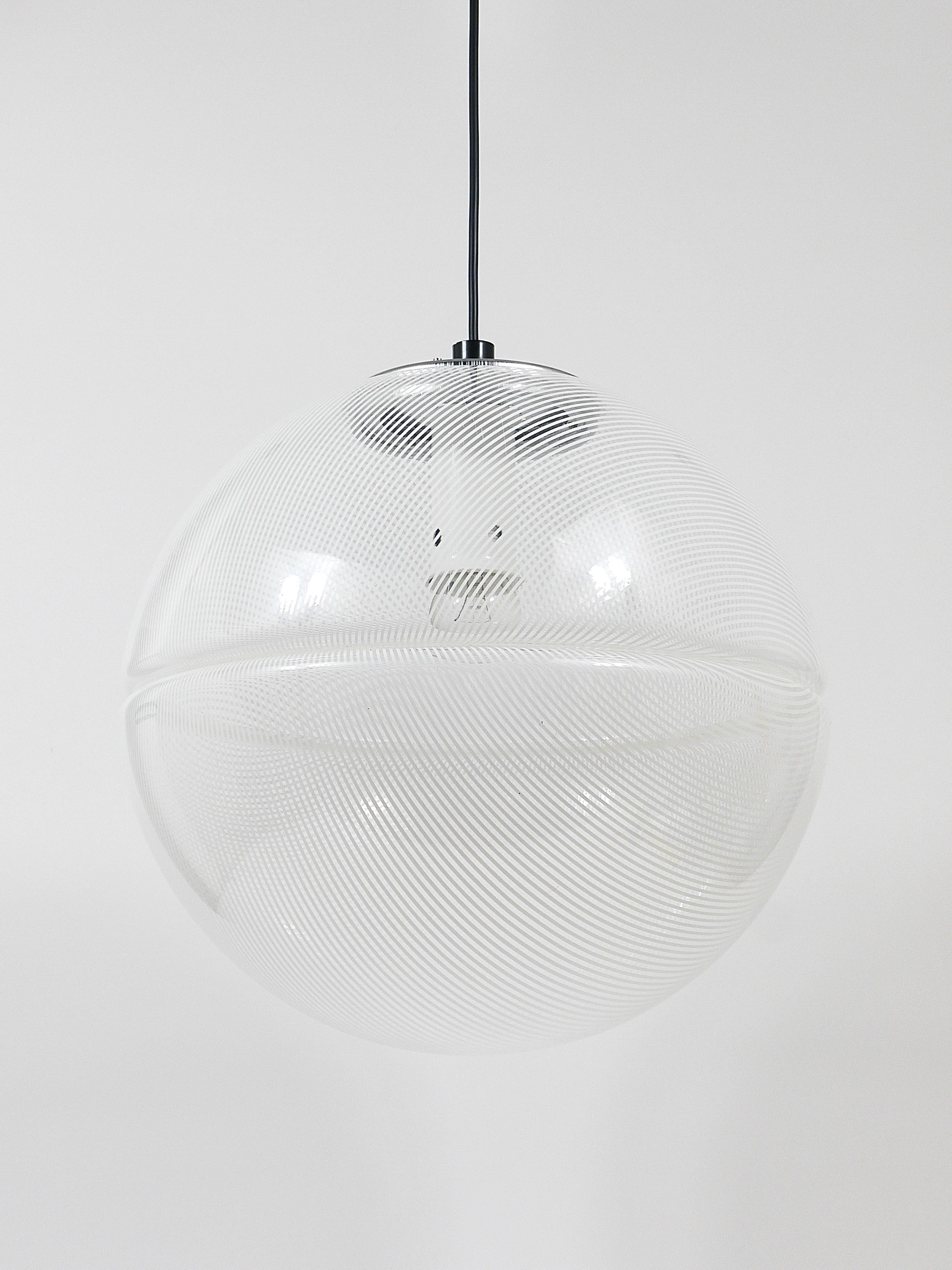 Metal Harvey Guzzini Post-Modern Striped Op-Art Globe Pendant Lamp by Meblo, 1970s For Sale