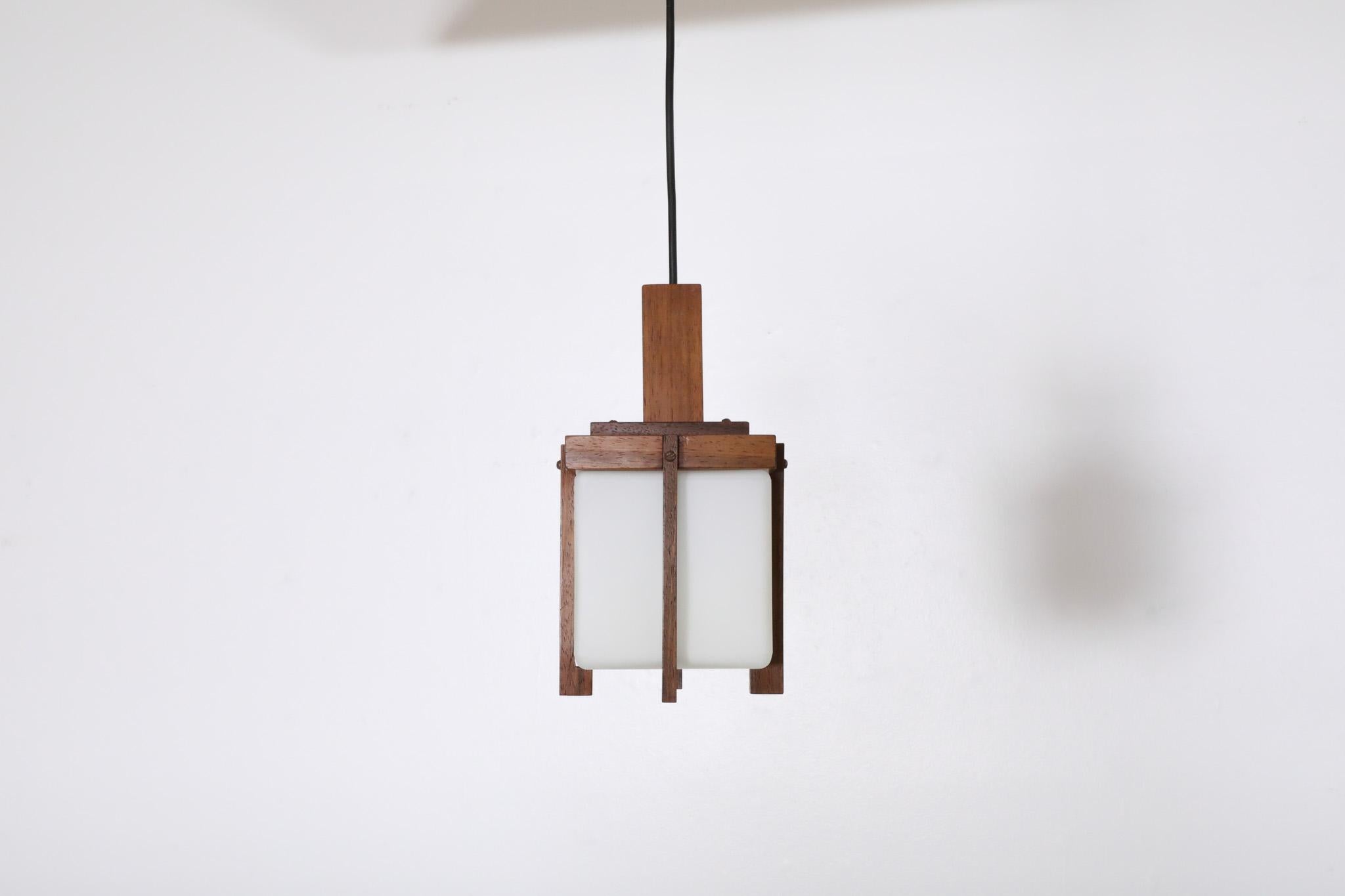 Mid-Century Modern Harvey Guzzini style Mid-Century Teak Lantern Pendant with Milk Glass Shade For Sale