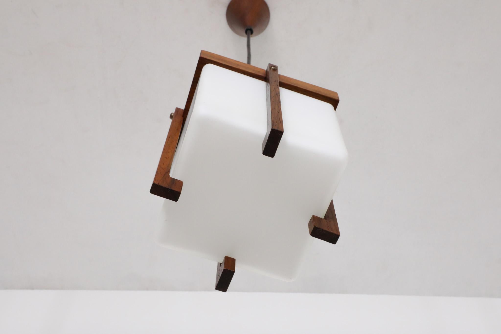 Mid-20th Century Harvey Guzzini Style Mid-Century Teak Lantern Pendant with Milk Glass Shade For Sale