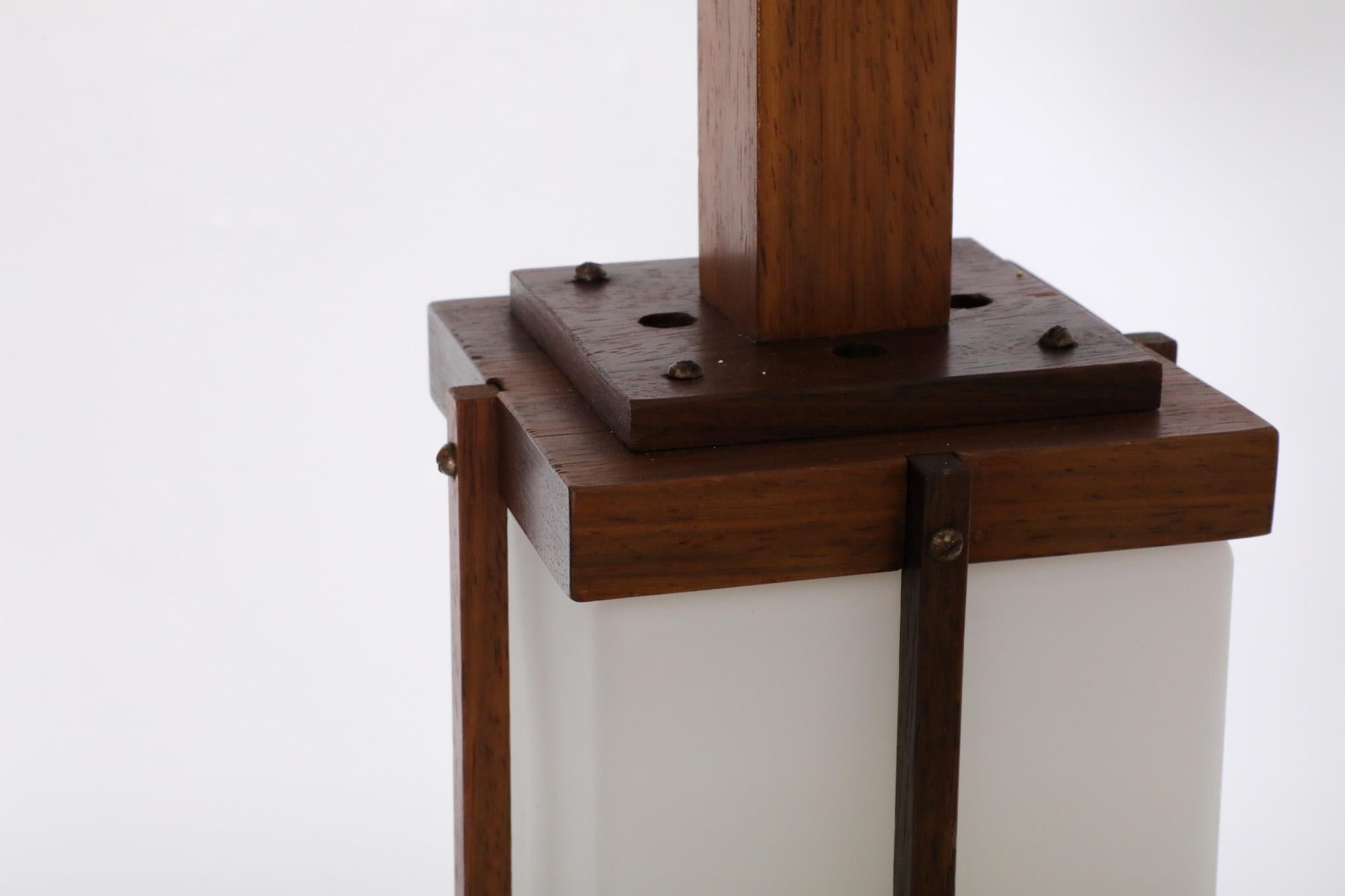 Harvey Guzzini Style Mid-Century Teak Lantern Pendant with Milk Glass Shade For Sale 2