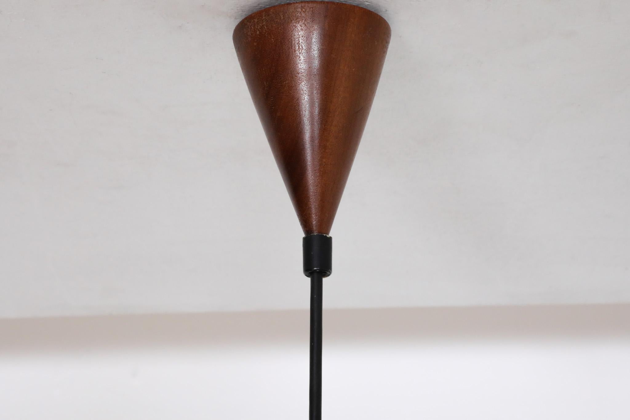 Harvey Guzzini Style Mid-Century Teak Lantern Pendant with Milk Glass Shade For Sale 3