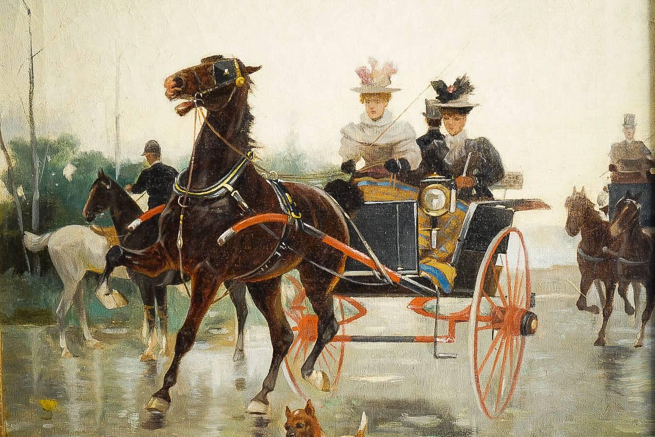 Harvey James Pair of Oil on Canvas Walks in Carriages, circa 1850 For Sale 4