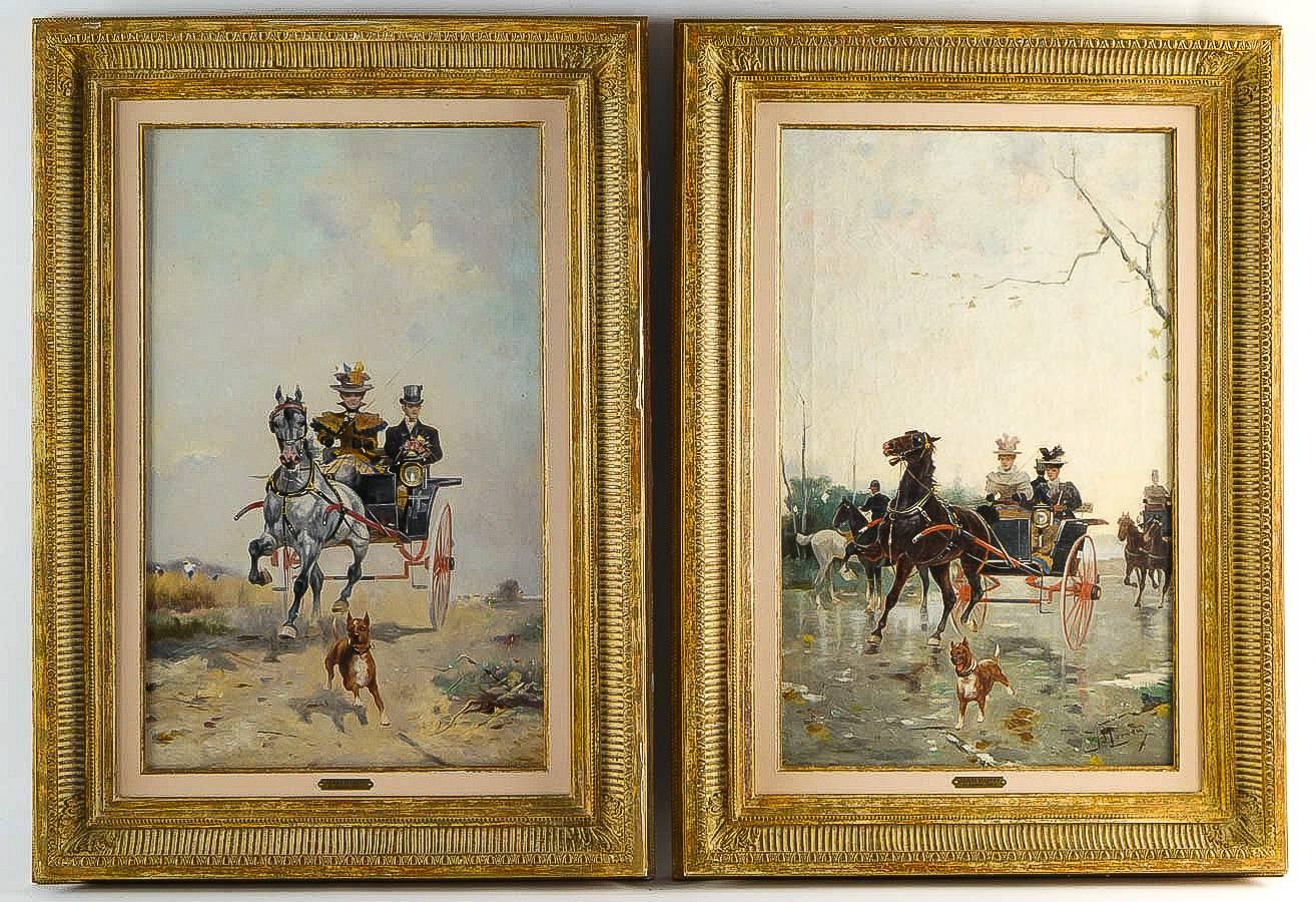 An exciting and decorative pair of oil on canvas depicting The Walks on Carriages in England in the mid-19th century.

Excellent quality and condition for this pair of English school painting sign by Harvey James on a lower right.

Measurements