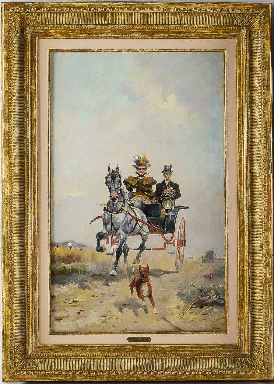 English Harvey James Pair of Oil on Canvas Walks in Carriages, circa 1850 For Sale