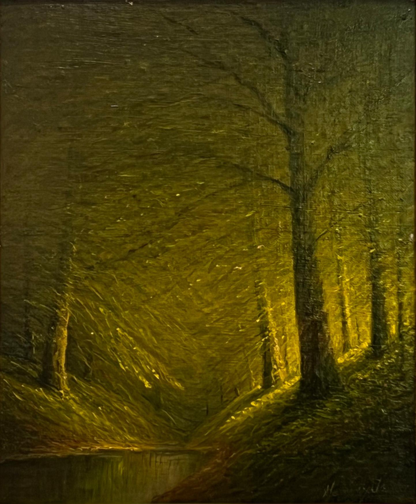 LUMINOUS Woodland Indiana/Kentucky FOREST BEECHES STREAM During The Night - Painting by Harvey Joiner