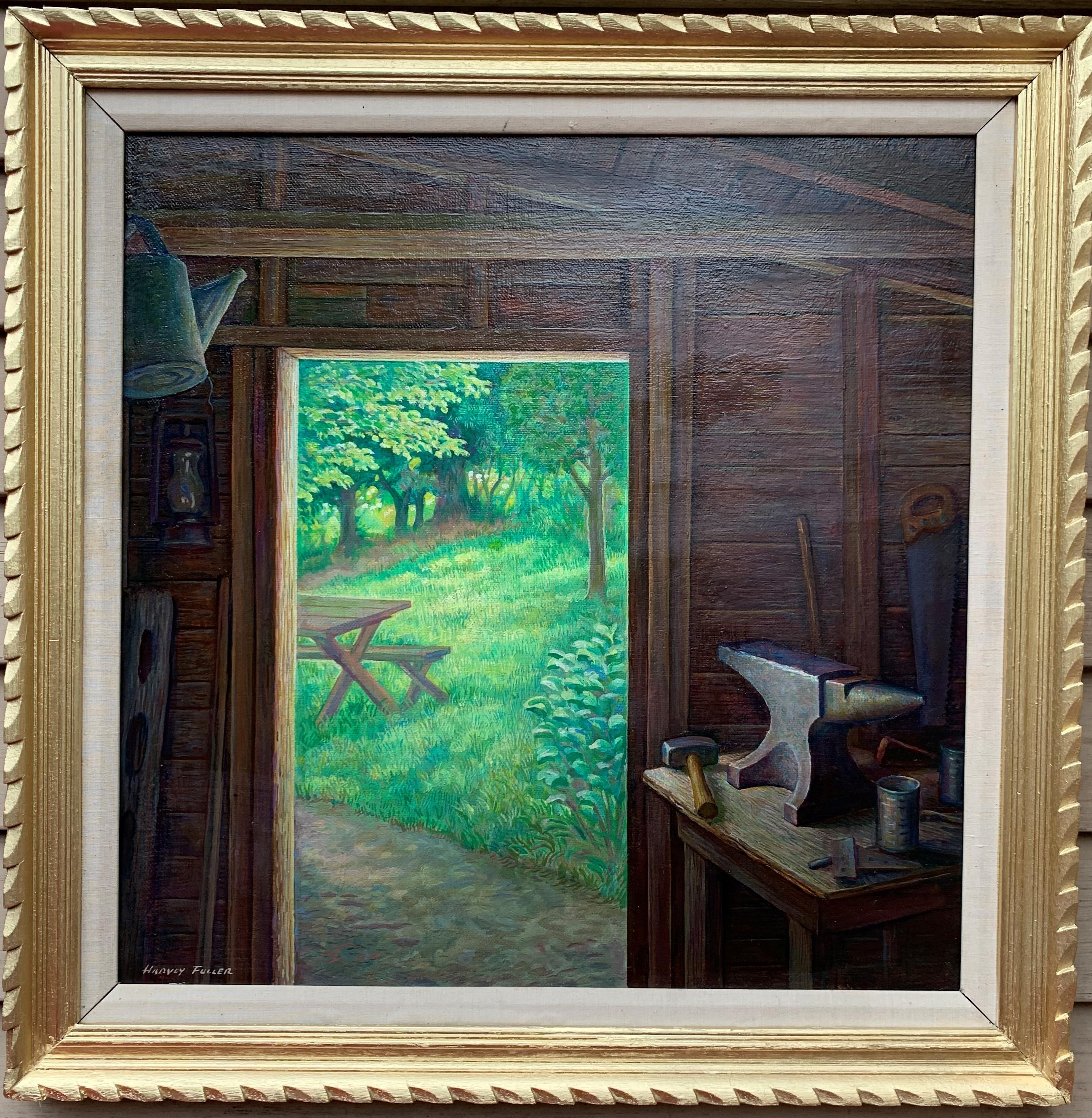 Up for sale is a beautiful oil painting on masonite by HARVEY K. FULLER (AMERICAN, 1918 - 2017) depicting a garden view from the open door of the carpentry workshop. 

Signed in the lower right corner.

Dimensions: (Frame) 27" x 26.5", (Canvas) 22"