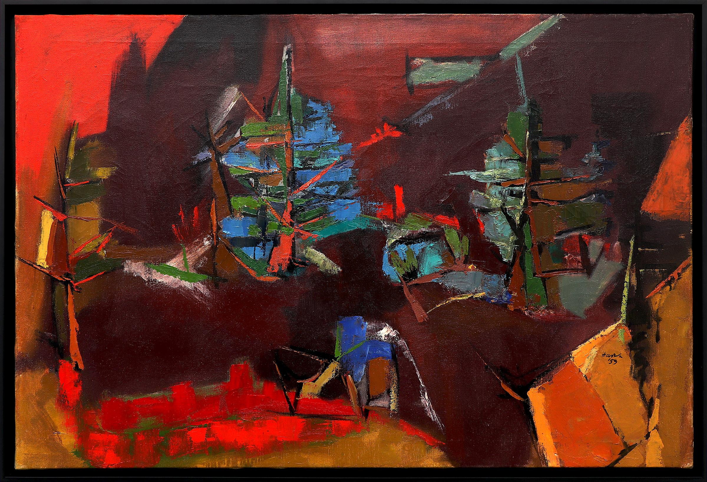 Harvey Litvack Abstract Painting - 1950s Framed Abstract Oil Painting, Abstracted Painting in Red, Blue, Green