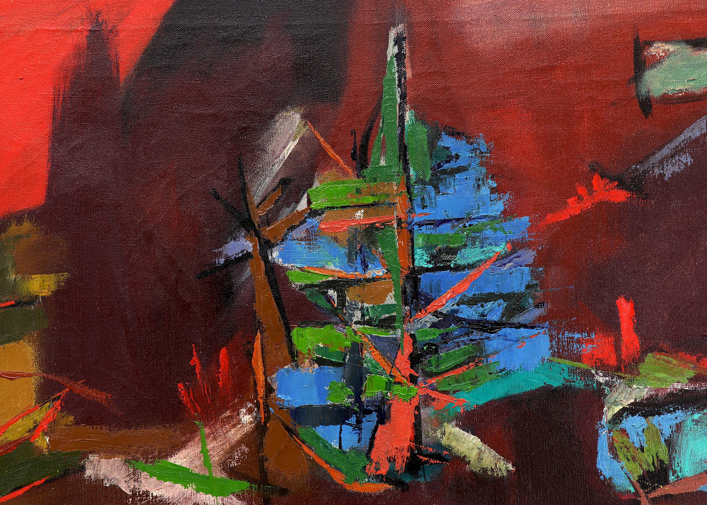 1950s Framed Abstract Oil Painting, Abstracted Painting in Red, Blue, Green - Brown Abstract Painting by Harvey Litvack