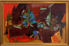 1950s Framed Abstract Oil Painting, Abstracted Painting in Red, Blue, Green