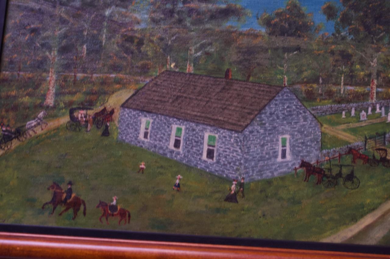 Milieu du XXe siècle Harvey Milligan Amish Farmhouse Pastoral Scene Huile sur toile en vente
