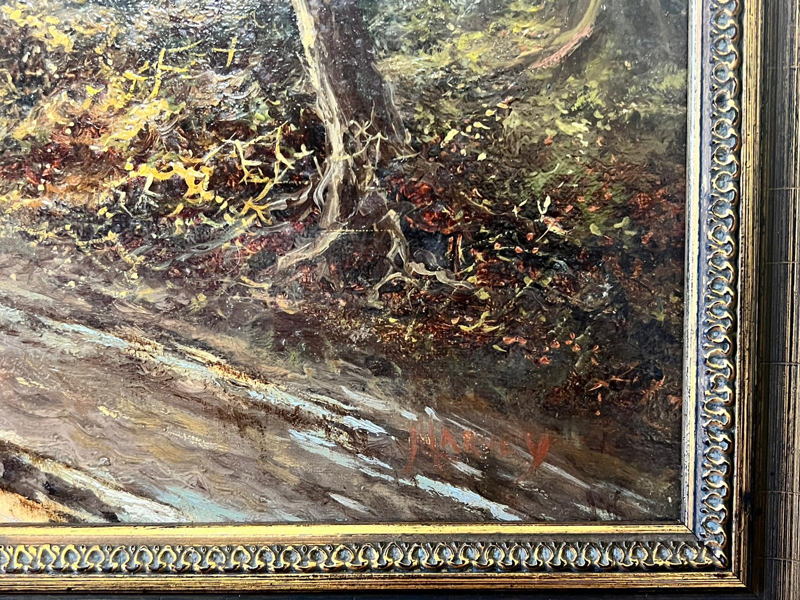 Antique British Oil Painting Sunset Woodland Pathway Man Returning Home, signed For Sale 1