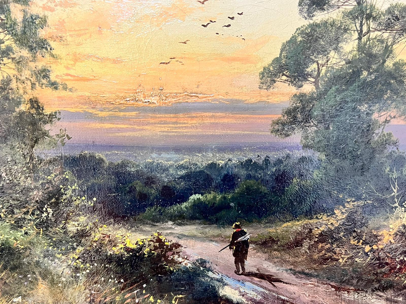 Antique British Oil Painting Sunset Woodland Pathway Man Returning Home, signed For Sale 4