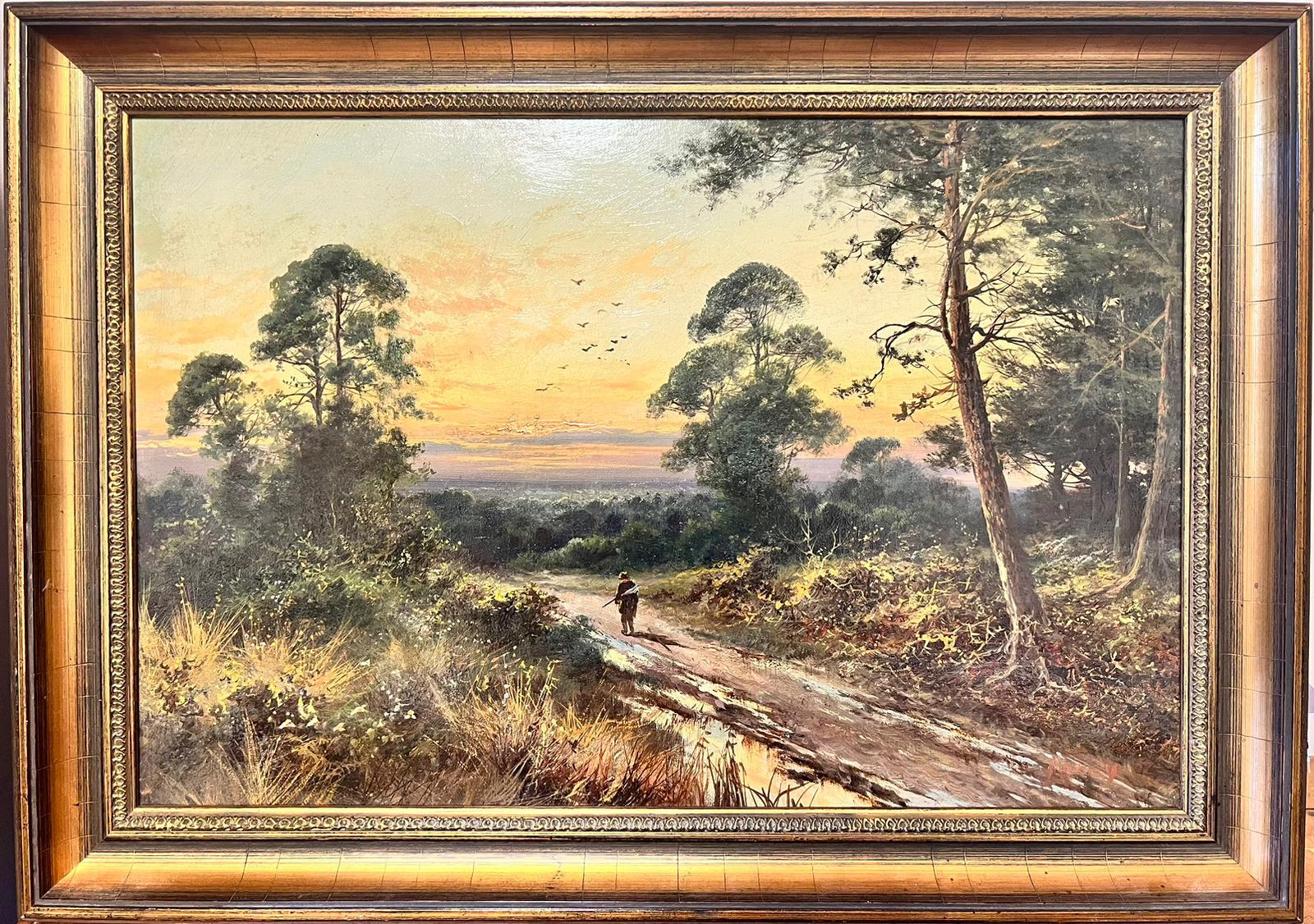 Harvey Landscape Painting - Antique British Oil Painting Sunset Woodland Pathway Man Returning Home, signed