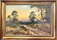 Antique British Oil Painting Sunset Woodland Pathway Man Returning Home, signed