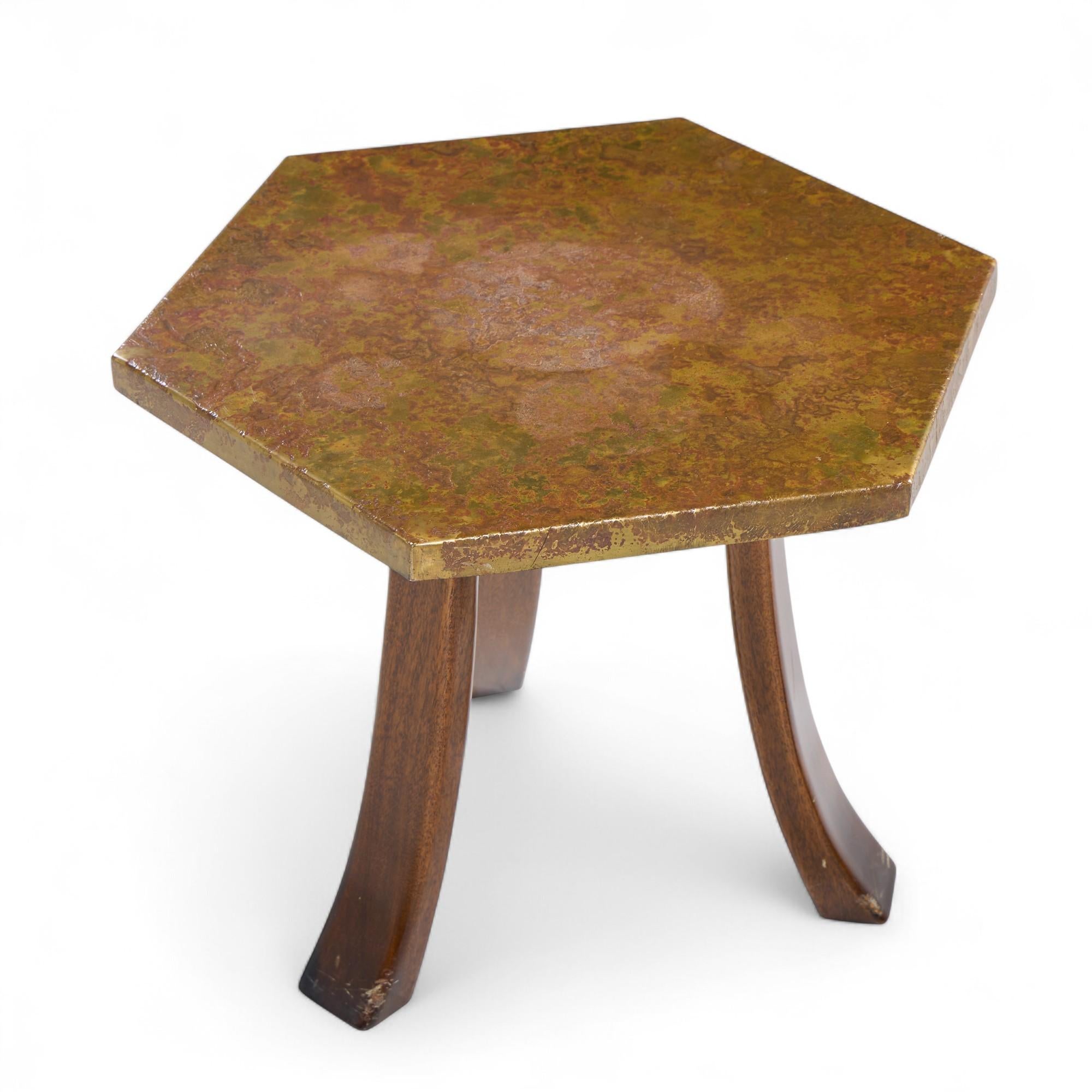 Harvey Probber Acid Etched Bronze and Mahogany Hexagon Side Tables - Pair For Sale 4