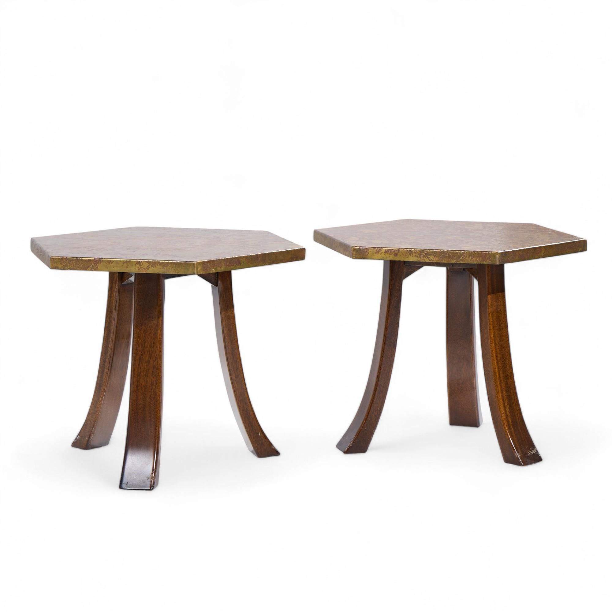 Harvey Probber Mid Century Acid Etched Bronze and Mahogany Hexagon Side Tables - Pair

Each side table measures: 22.25 wide x 19.25 deep x 17.5 inches high

Excellent Vintage Condition - Minor Wear on Table Legs. Tables are Structurally Solid.
