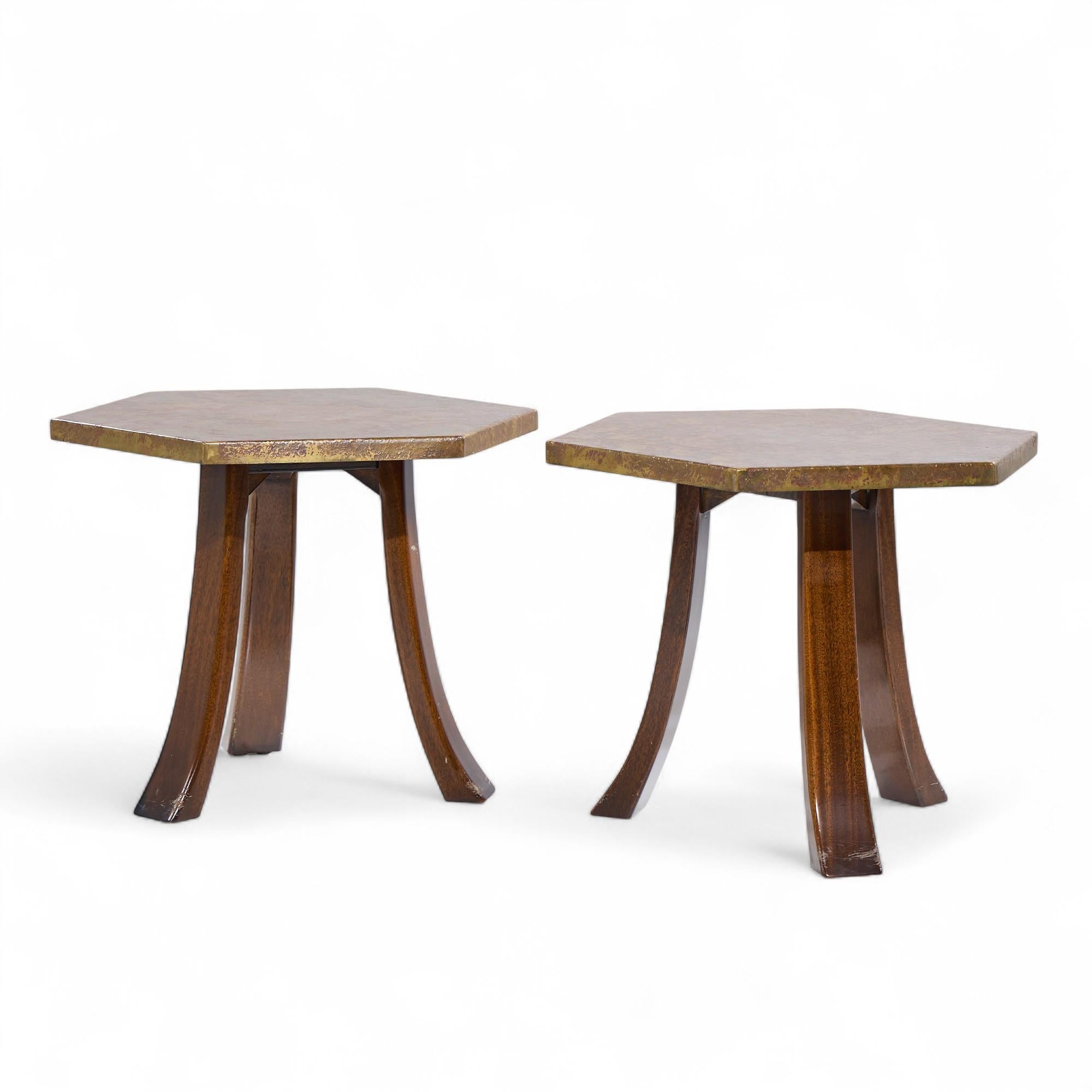 Mid-Century Modern Harvey Probber Acid Etched Bronze and Mahogany Hexagon Side Tables - Pair For Sale
