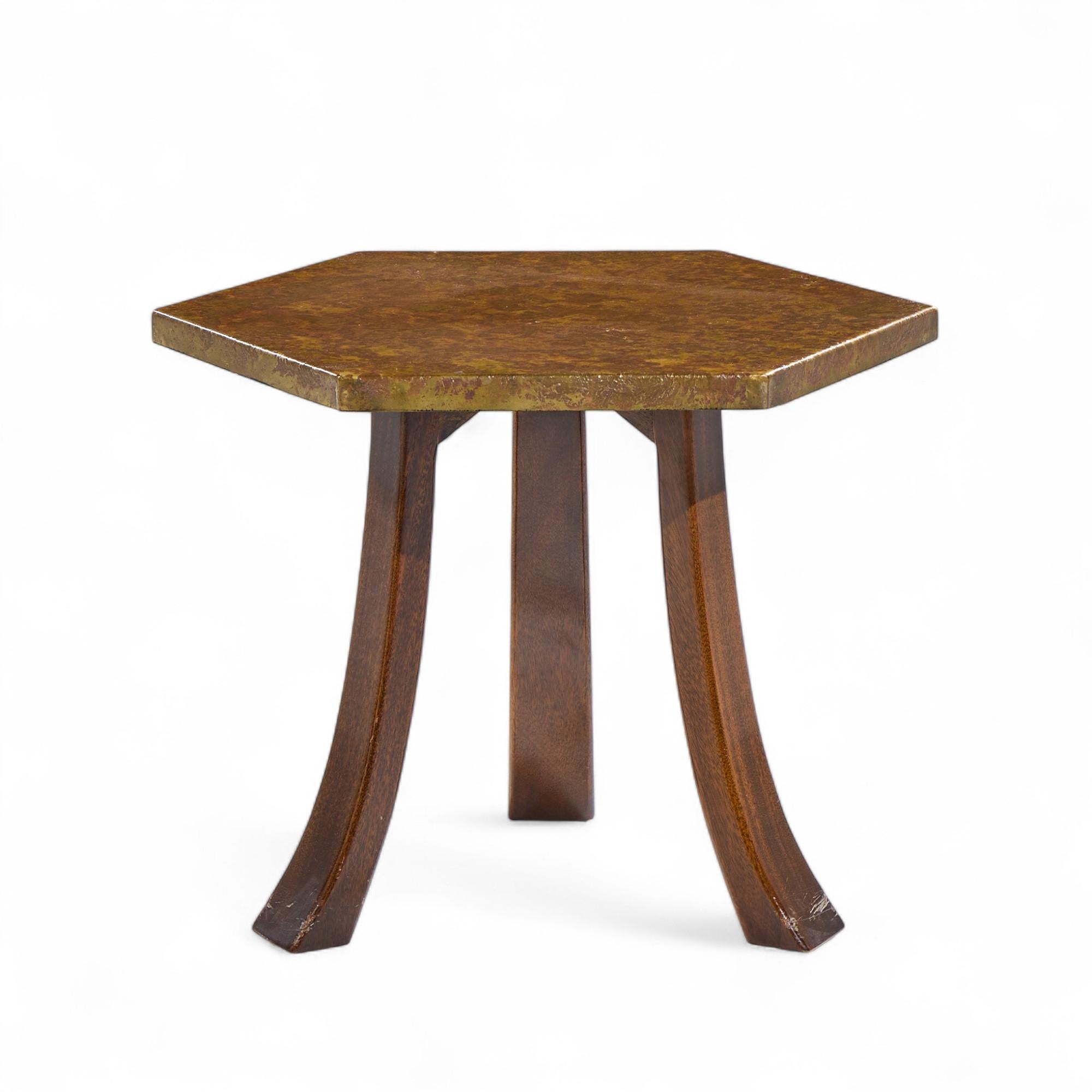 American Harvey Probber Acid Etched Bronze and Mahogany Hexagon Side Tables - Pair For Sale