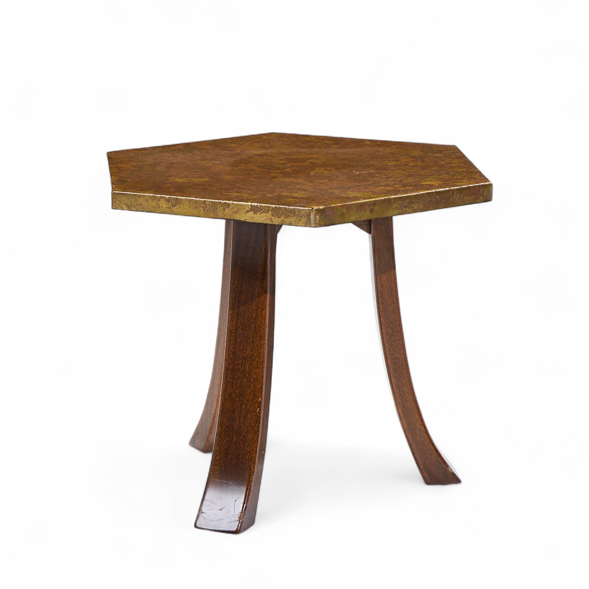 Harvey Probber Acid Etched Bronze and Mahogany Hexagon Side Tables - Pair In Good Condition For Sale In Franklin Park, IL
