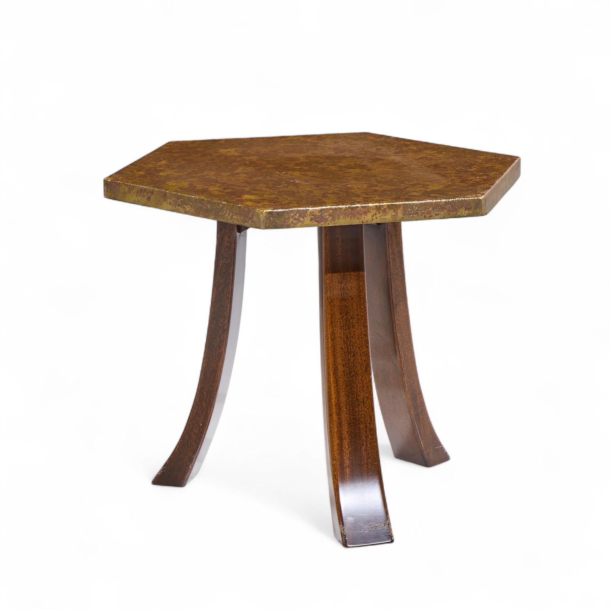 20th Century Harvey Probber Acid Etched Bronze and Mahogany Hexagon Side Tables - Pair For Sale