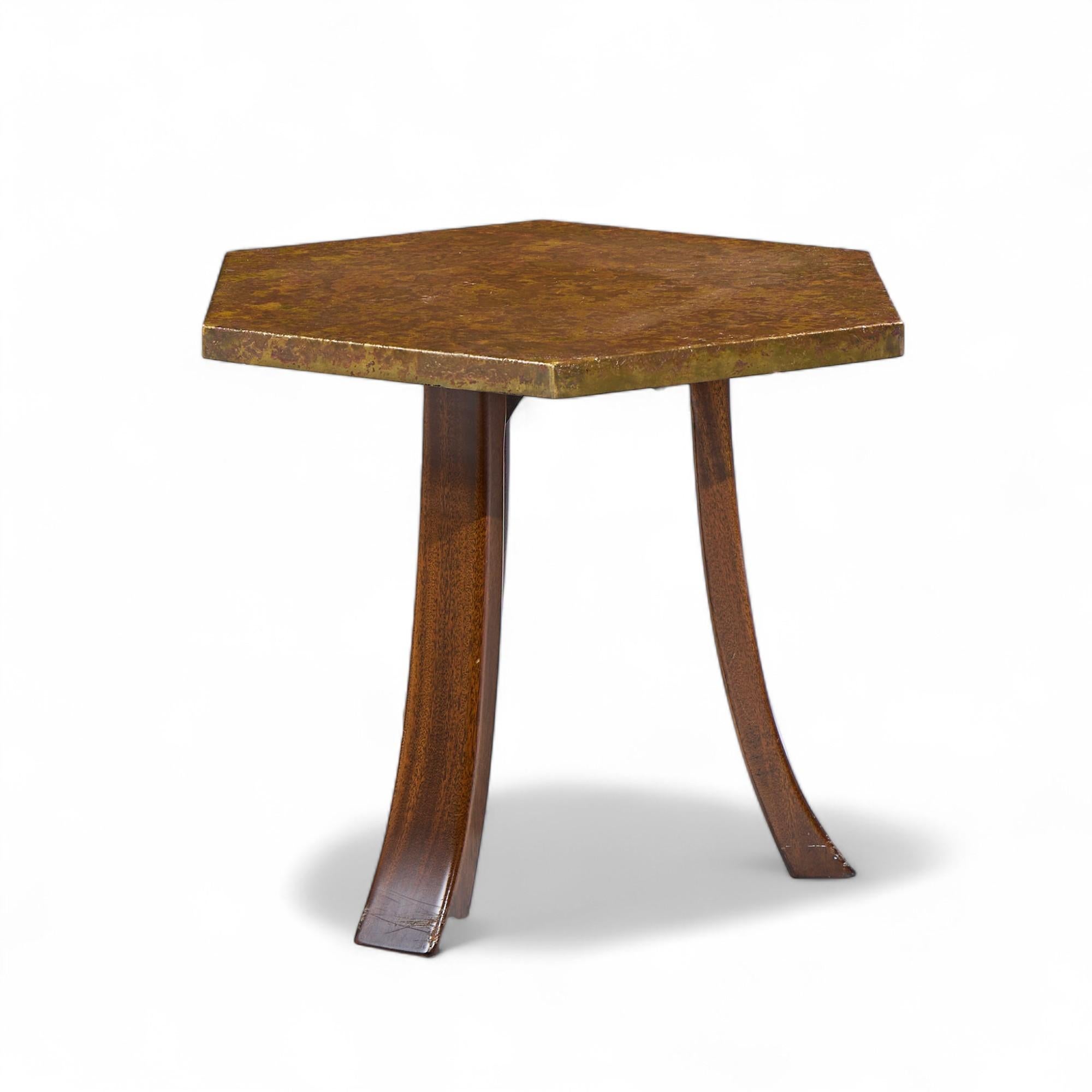 Harvey Probber Acid Etched Bronze and Mahogany Hexagon Side Tables - Pair For Sale 1