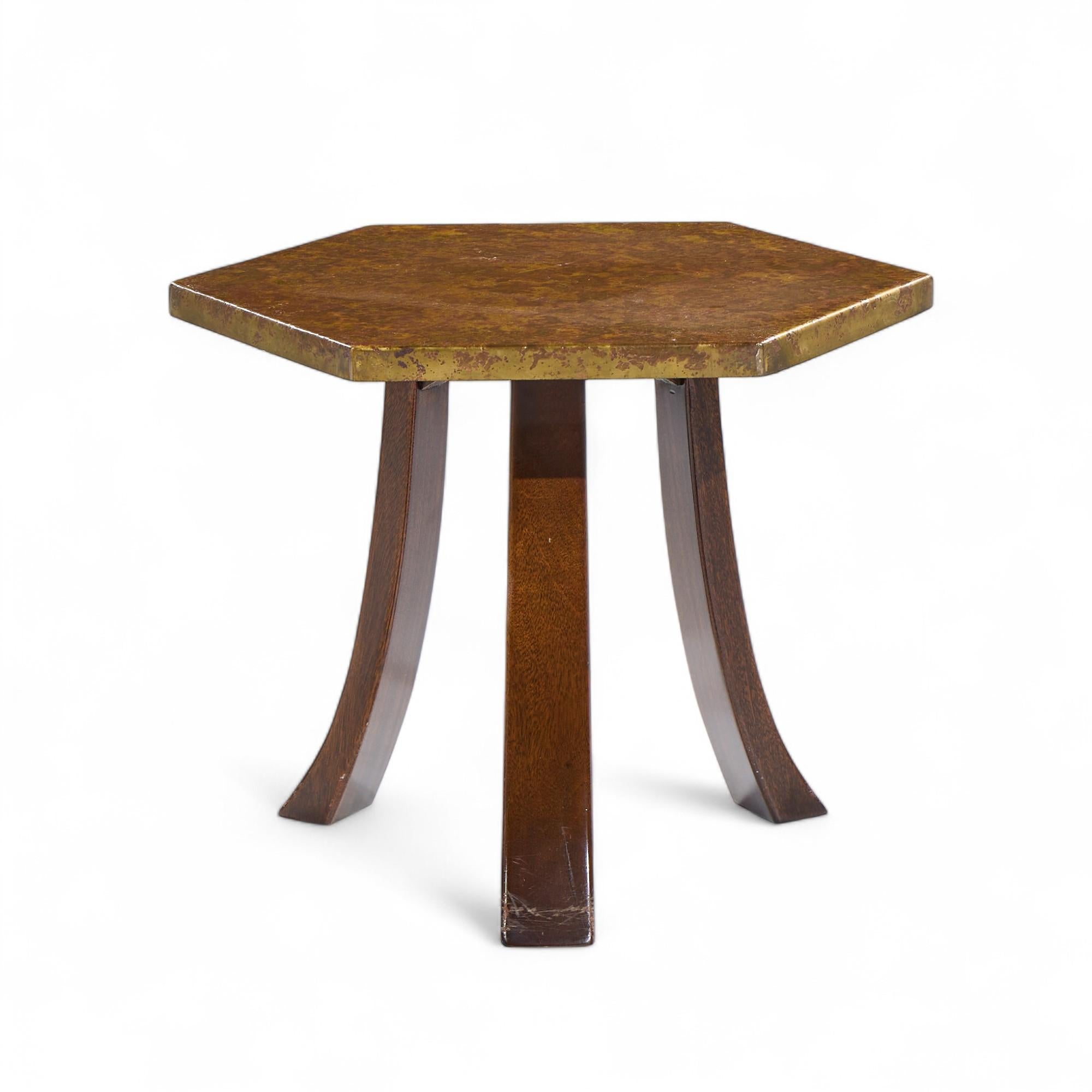 Harvey Probber Acid Etched Bronze and Mahogany Hexagon Side Tables - Pair For Sale 2