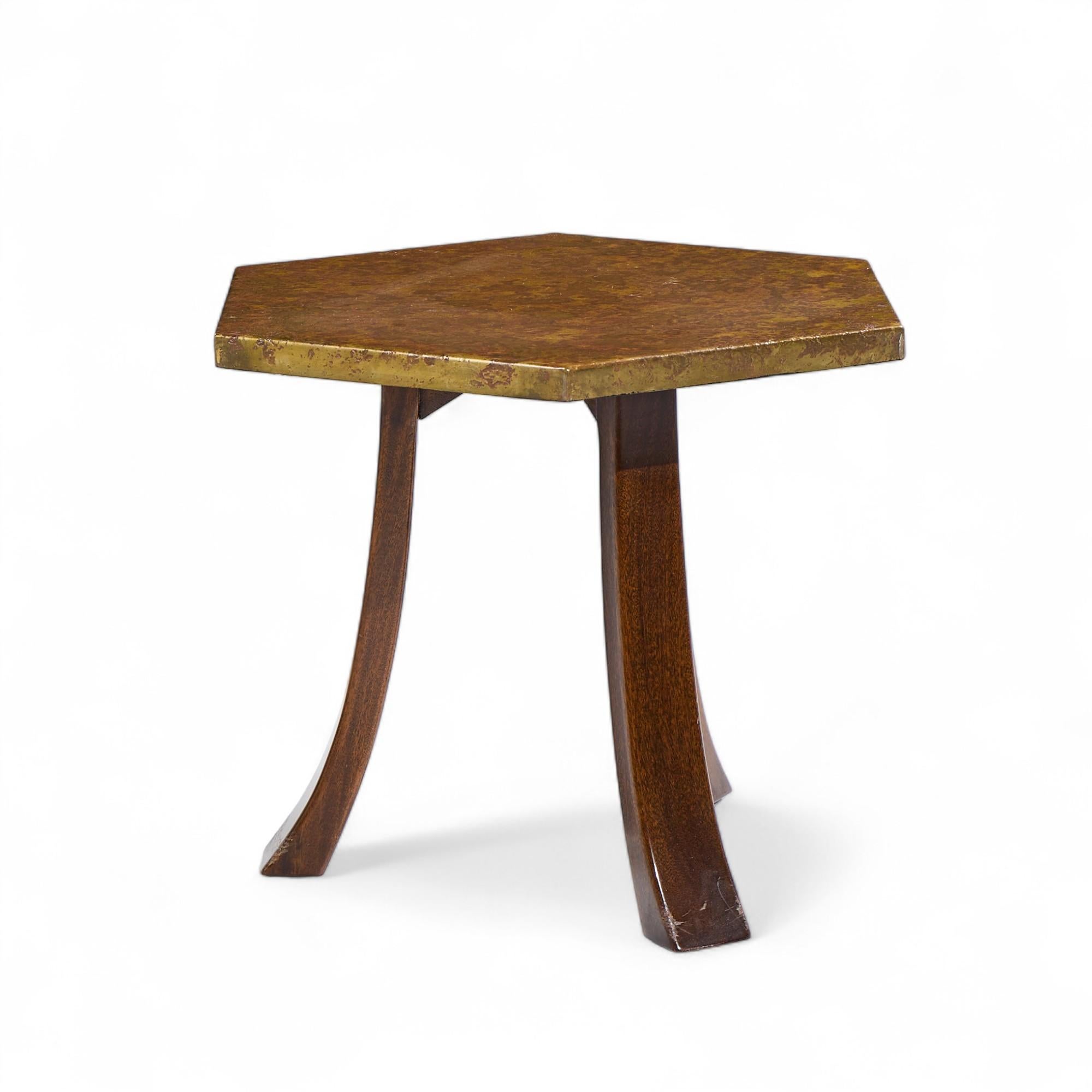 Harvey Probber Acid Etched Bronze and Mahogany Hexagon Side Tables - Pair For Sale 3