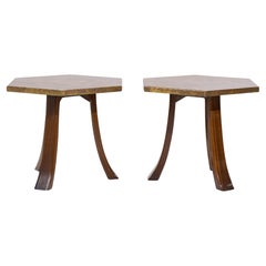 Harvey Probber Acid Etched Bronze and Mahogany Hexagon Side Tables - Pair