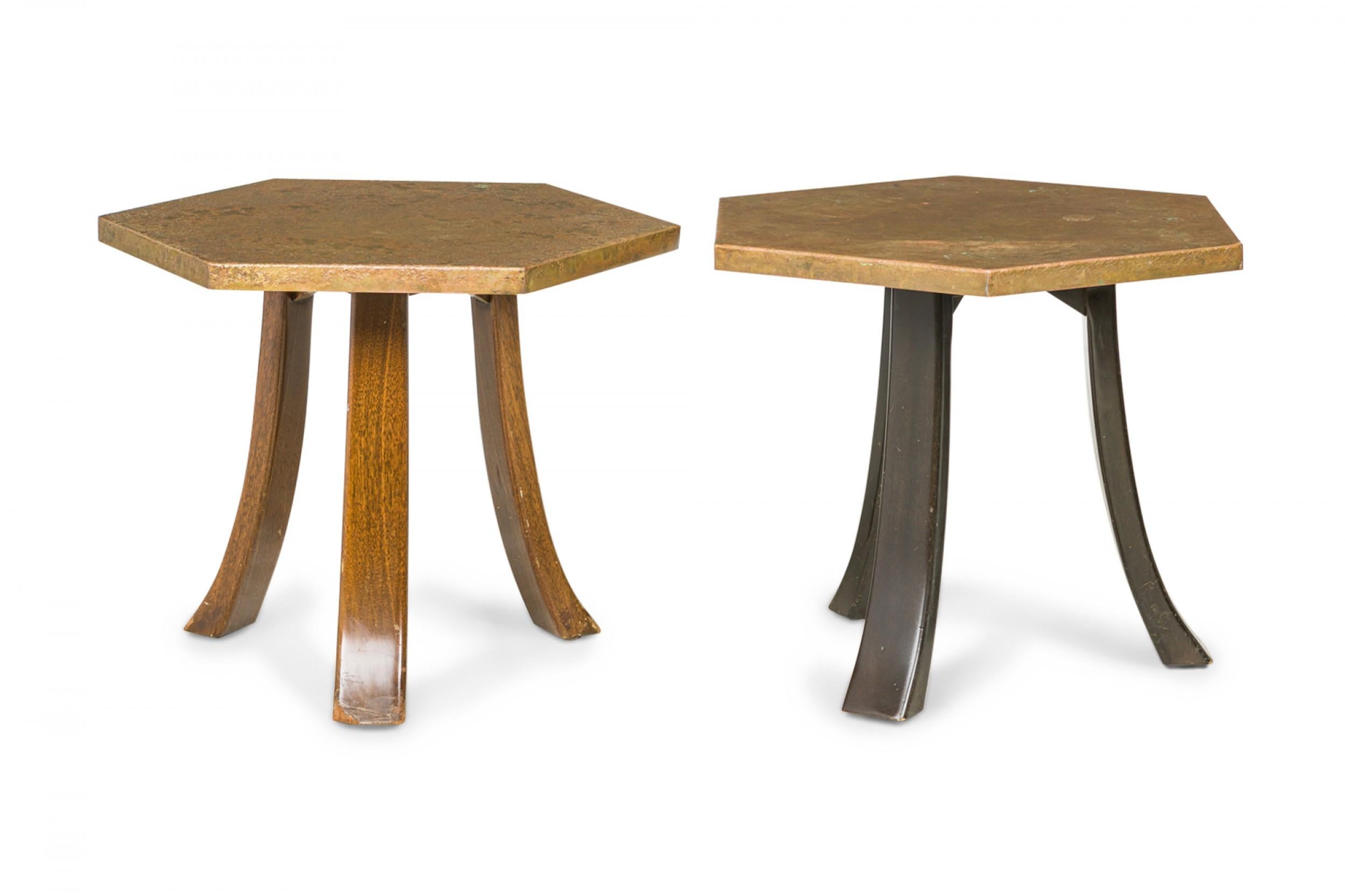 7 American Mid-Century end / side tables with hexagonal acid etched bronze tops supported on three curved wooden legs. (HARVEY PROBBER)(PRICED EACH)(Similar tables: DUF0356B-E)
