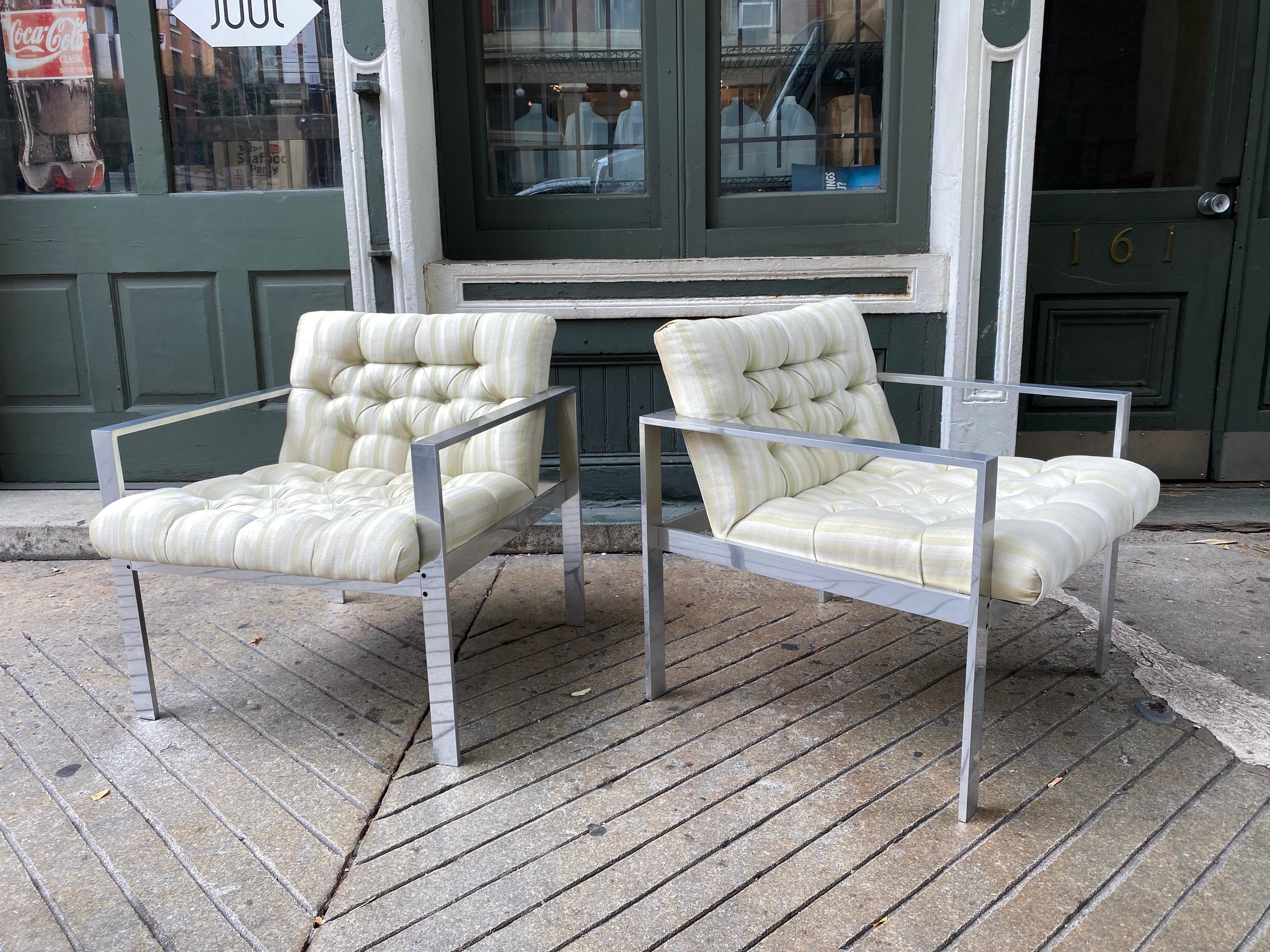 Harvey Probber aluminum lounge chairs, aluminum stamped alcoa on the underside. Beautifully made with great joints! Very Solid Design. Tufted Upholstery adds a Sophisticated Look to these Great Chairs! These chairs are fresh from the Original Owners