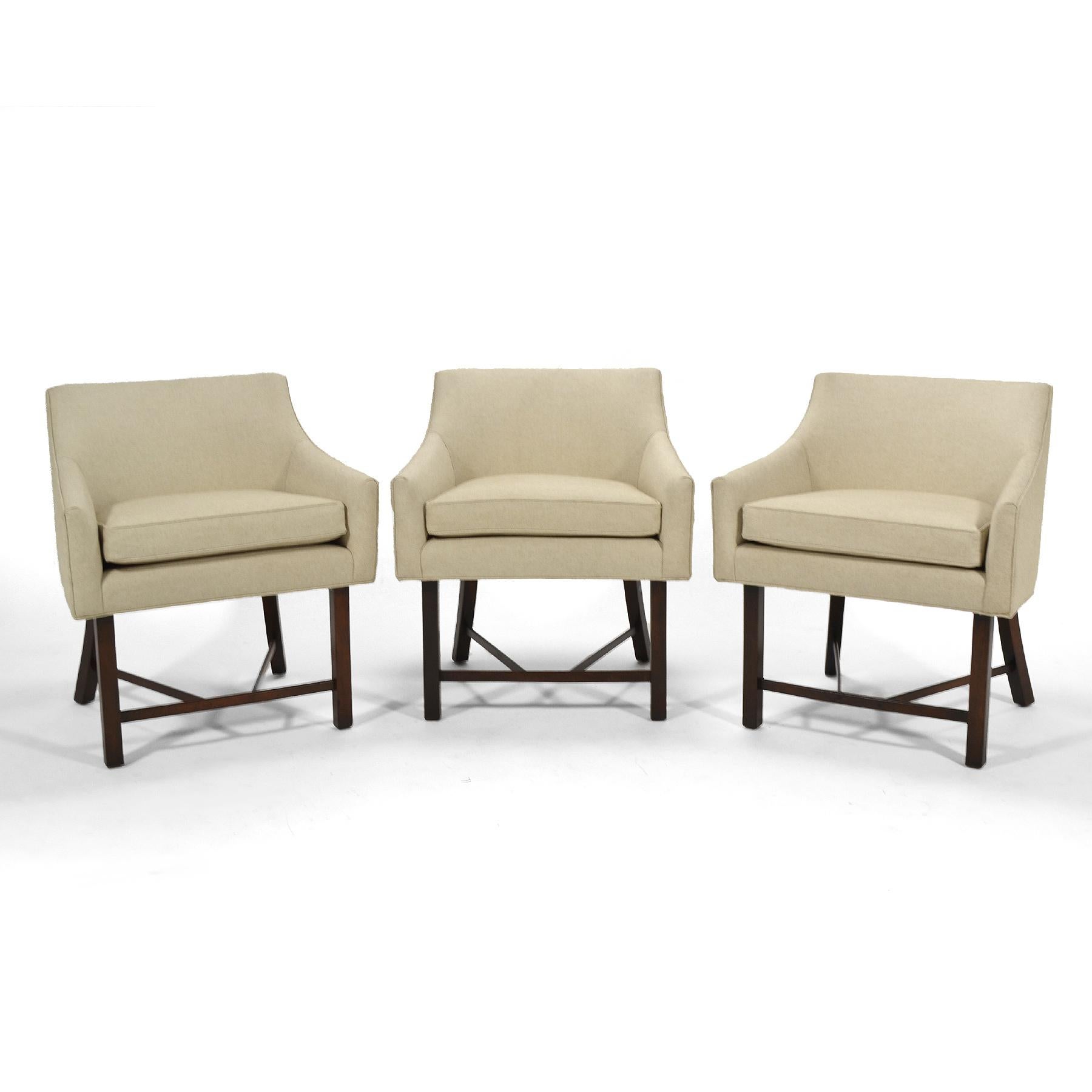 These light, lithe and elegant armchairs by Harvey Probber are scaled perfectly to serve as part of a larger seating group or on their own as occasional chairs. Their proportions and profile make them beautiful from every angle and their