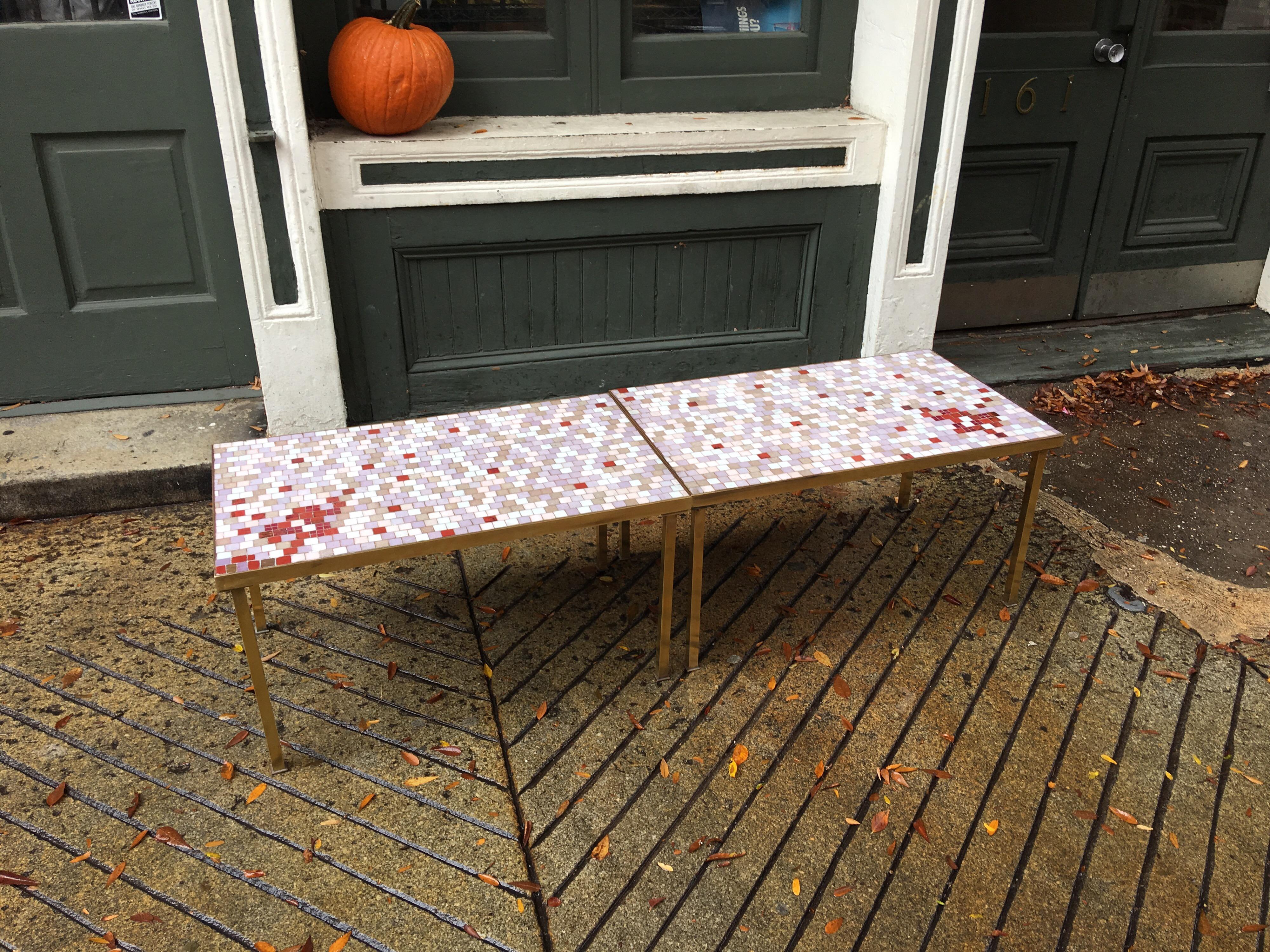 Great pair of tile top tables! Perfect to use as end tables or together as coffee table! They make a square or long rectangular table. Italian glass tiles with brass square legs. As a rectangular table 60.5 x 18.5, as a square coffee table 30.25 x