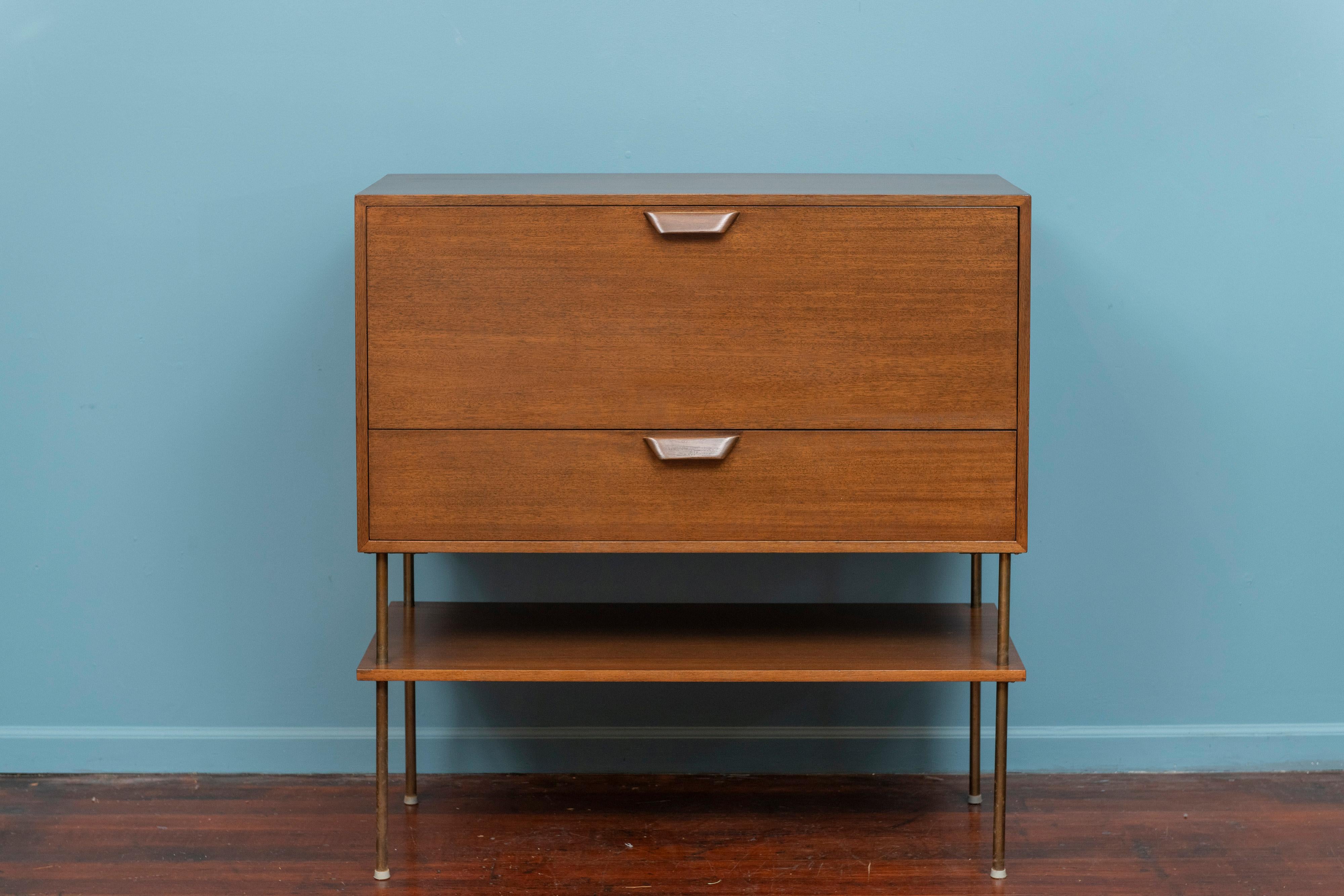 Harvey Probber design fall front bar cabinet, U.S.A. American MCM at its best with a mahogany and brass dry bar cabinet. Newly refinished and ready to install. Featuring a white laminate interior and a single drawer and lower shelf for