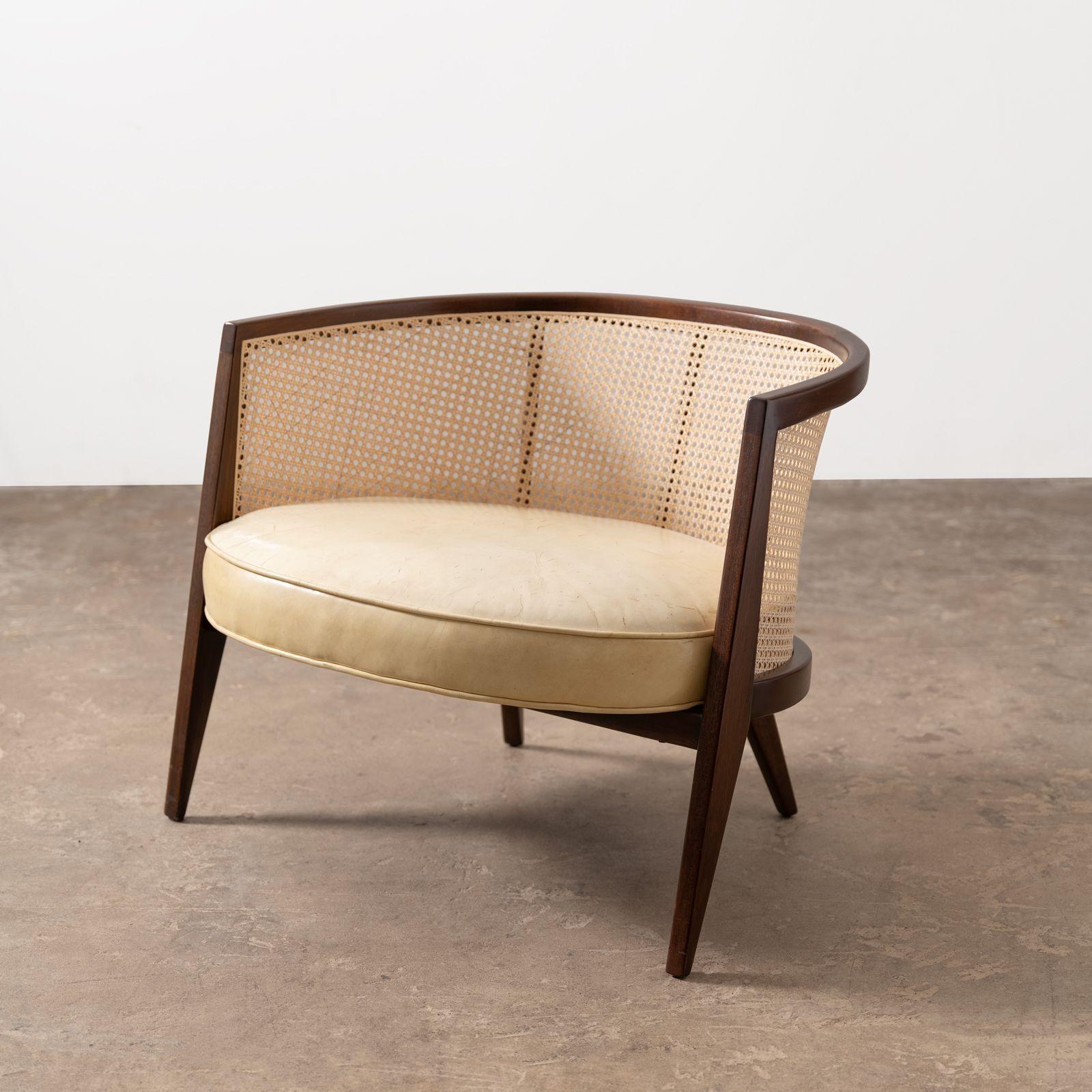Extraordinarily well designed 1960's cane back lounge chair by Harvey Probber. Constructed of solid mahogany and restored with new handwoven raw cane. The frame has been refinished to the highest possible standard with a period-appropriate satin