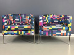 Harvey Probber Mid Century Barrel Back Chrome Lounge Chairs in Knoll Fabric