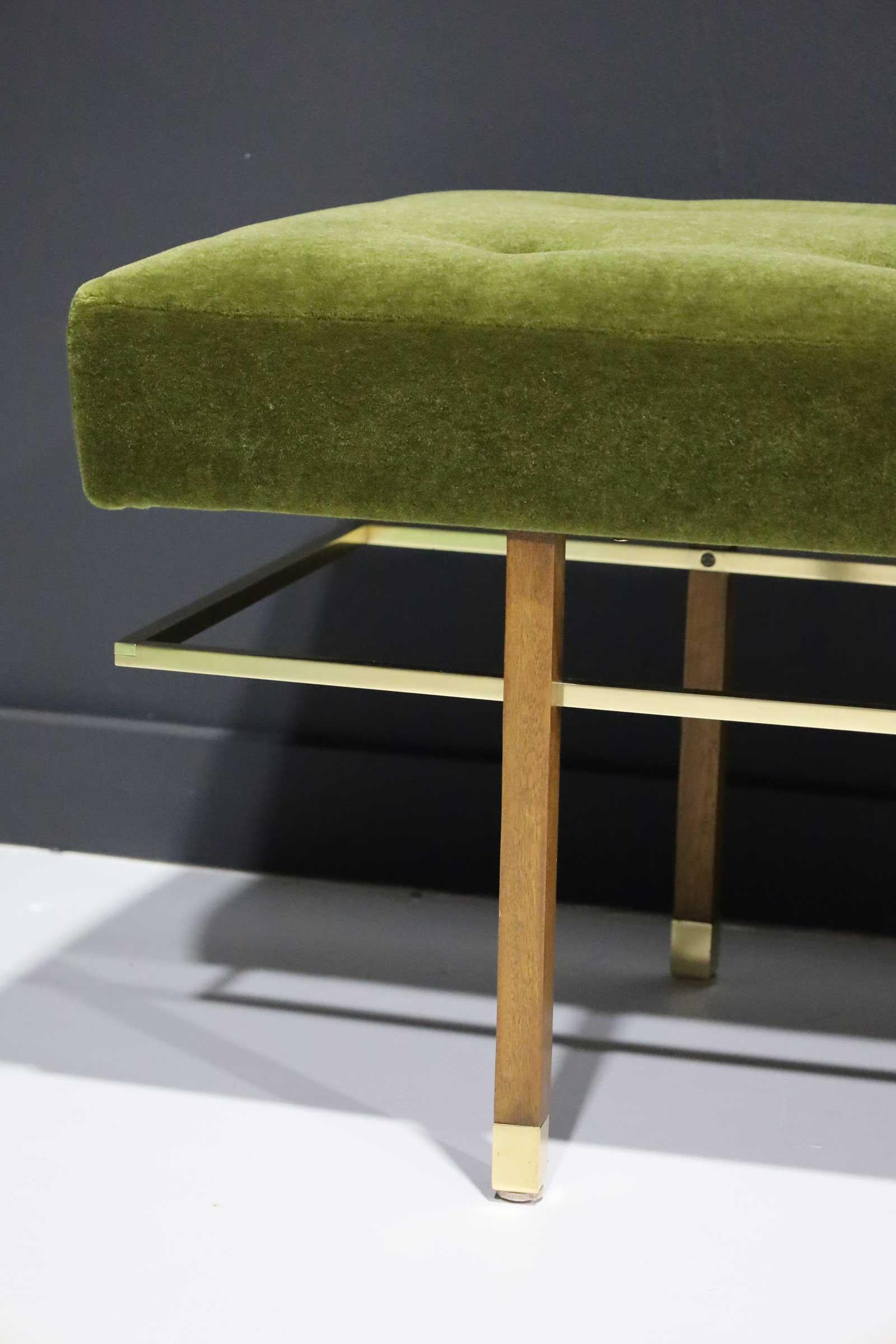 Mid-Century Modern Harvey Probber Bench in Mahogany, Brass and Lush Green Mohair
