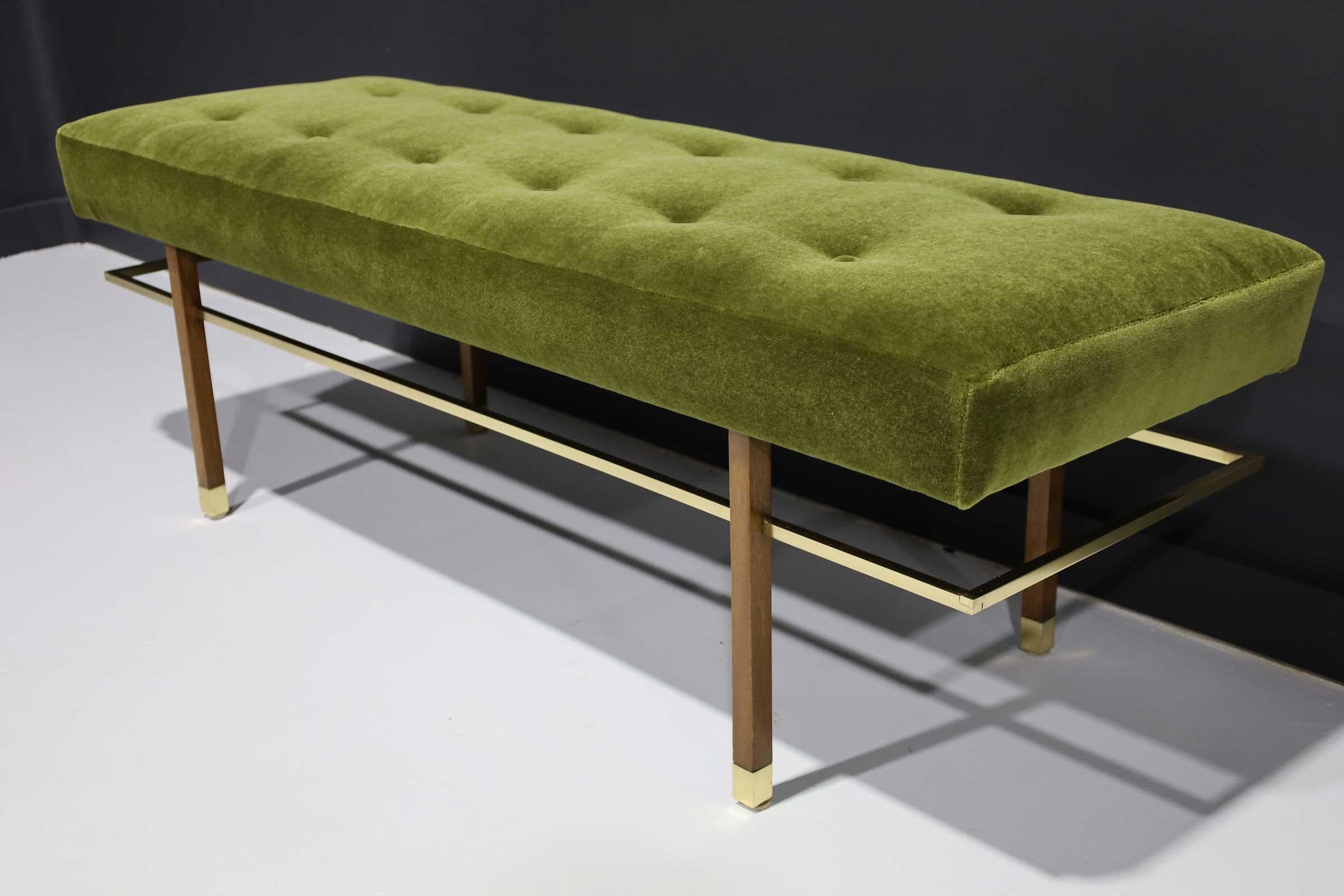 American Harvey Probber Bench in Mahogany, Brass and Lush Green Mohair