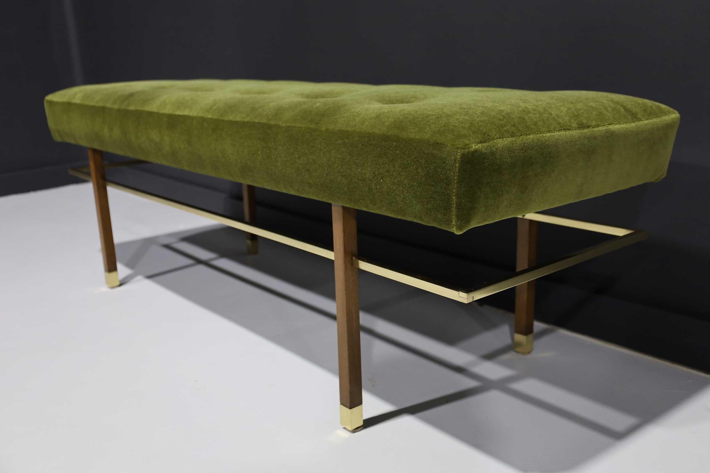 Harvey Probber Bench in Mahogany, Brass and Lush Green Mohair 3