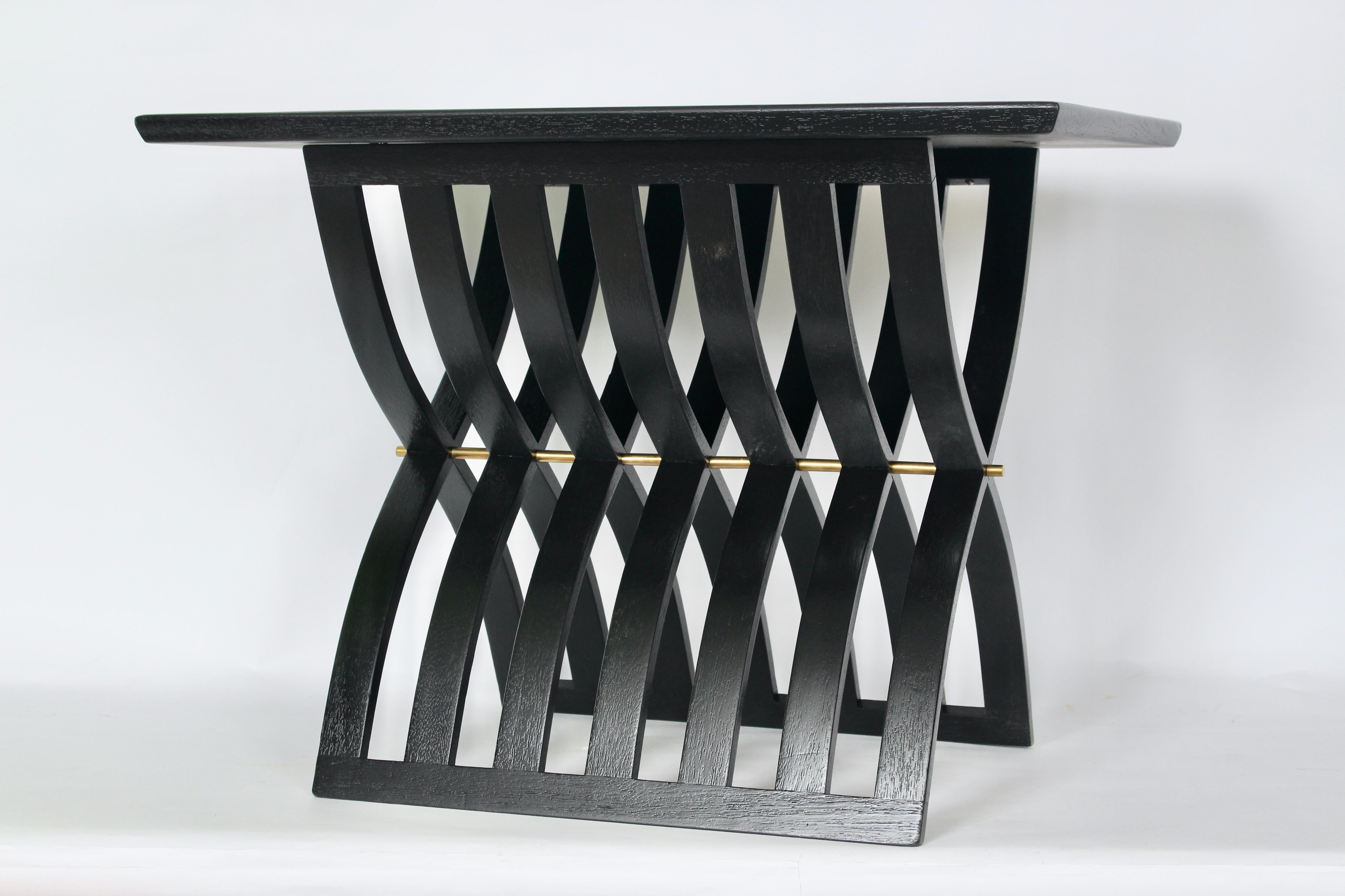 Mid-Century Modern Harvey Probber Black Enamel Mahogany Curved Slat X Base End Table, Circa 1960 For Sale