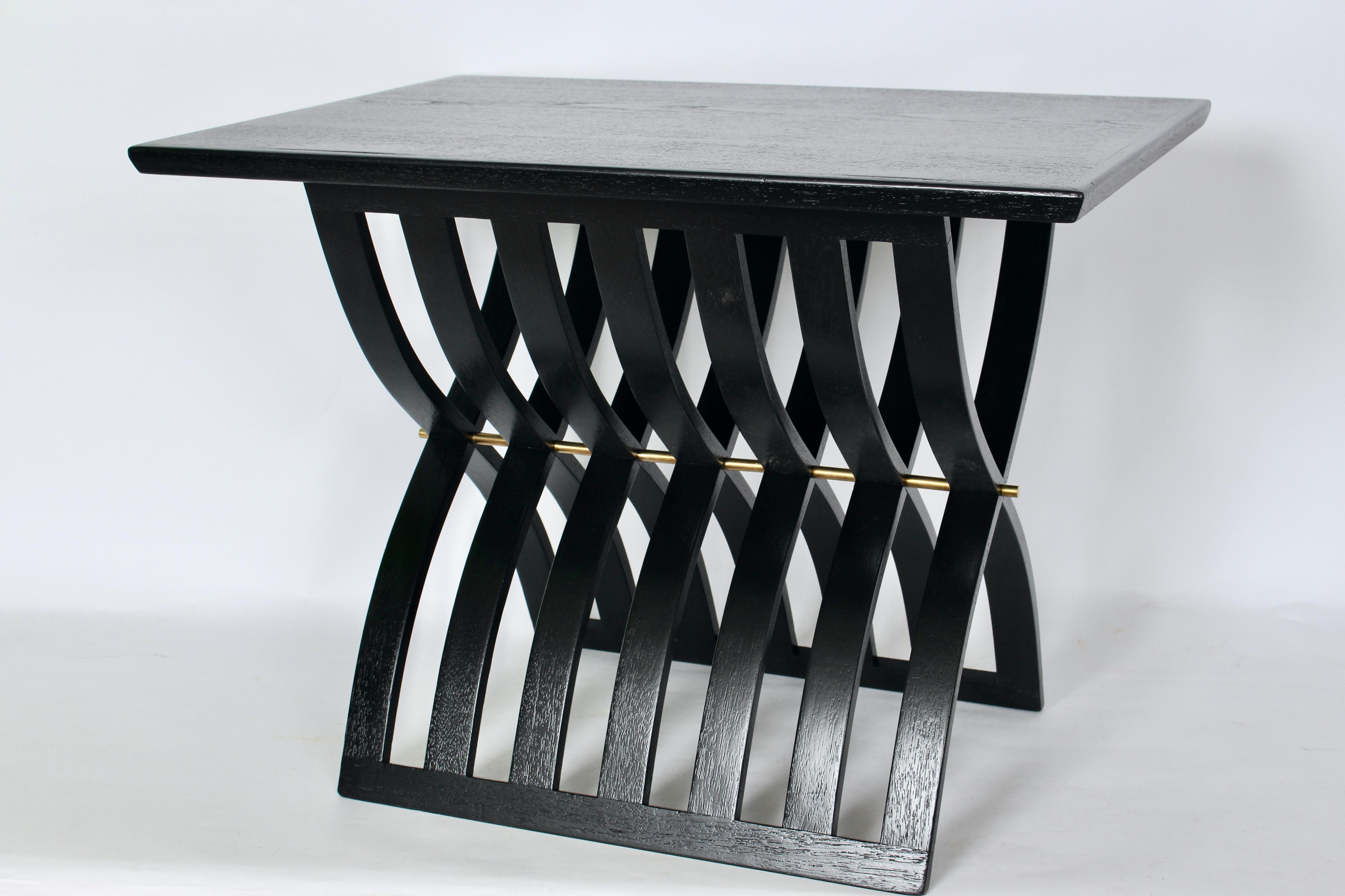 Mid-20th Century Harvey Probber Black Enamel Mahogany Curved Slat X Base End Table, Circa 1960 For Sale