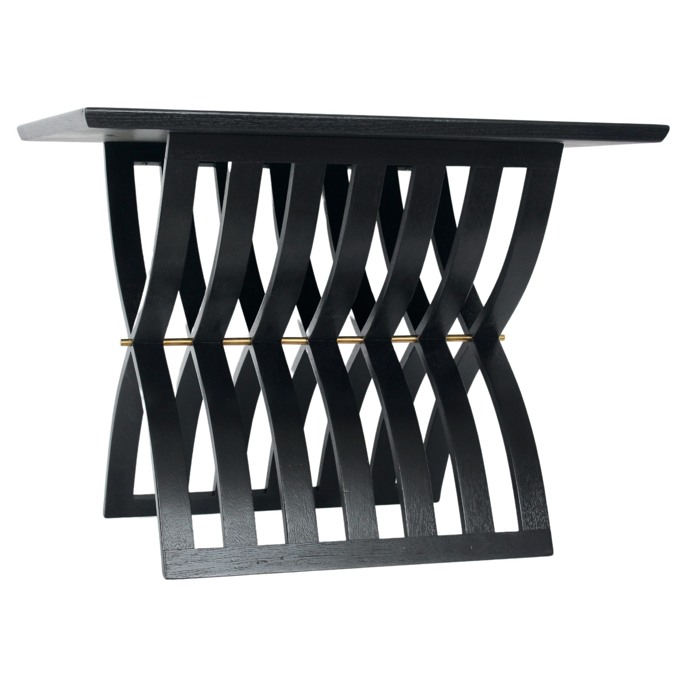 Sculptural Harvey Probber Black Enameled Model 1216 Rectangular End Table.  Featuring a Black enameled rectangular beveled Teak surface, steam bent Mahogany curved slat x base with solid Brass center rod support. Classic. American Mid-Century.