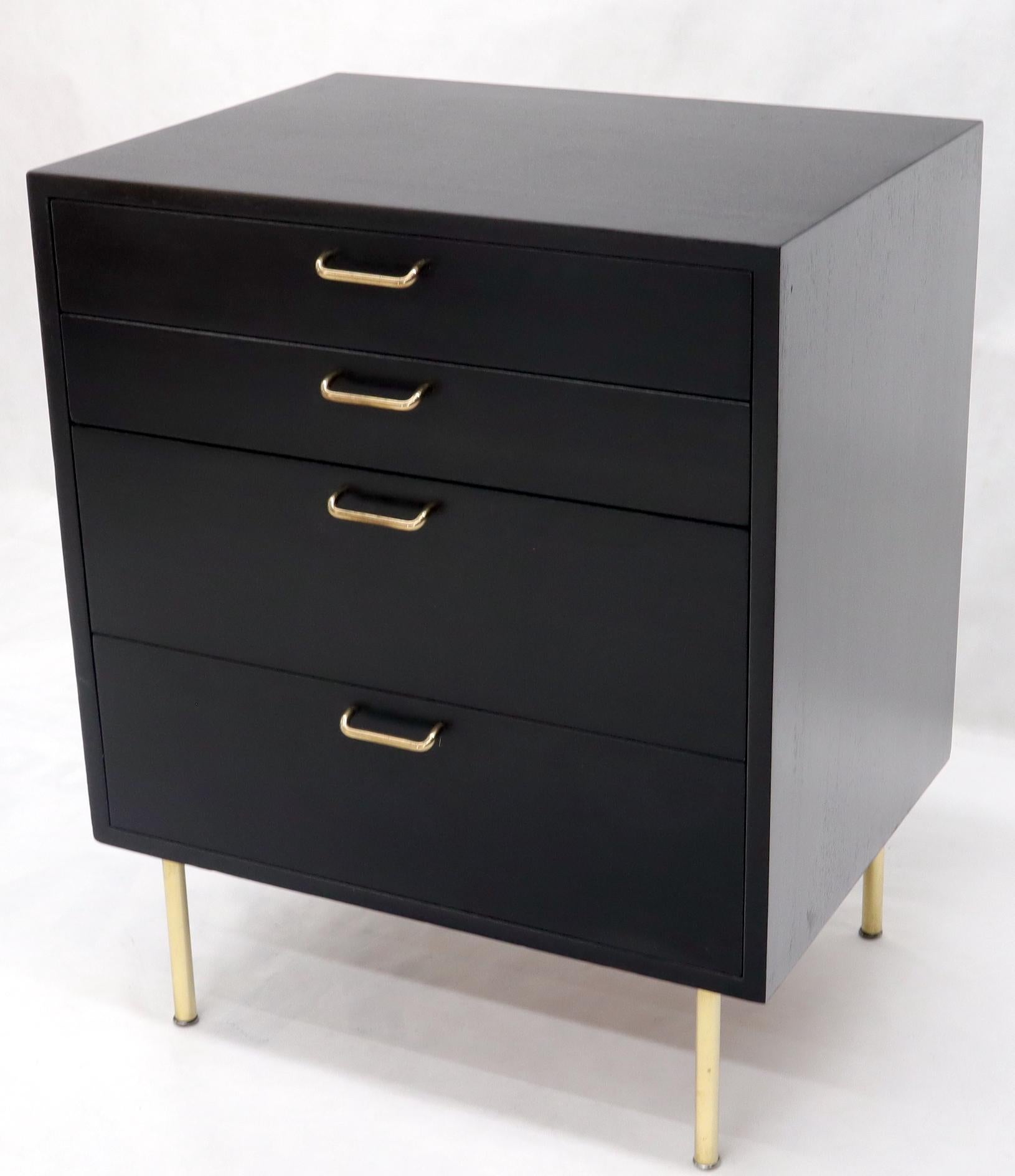 Mid-Century Modern black lacquer mahogany brass hardware bachelor chest compact dresser by Harvey Probber.