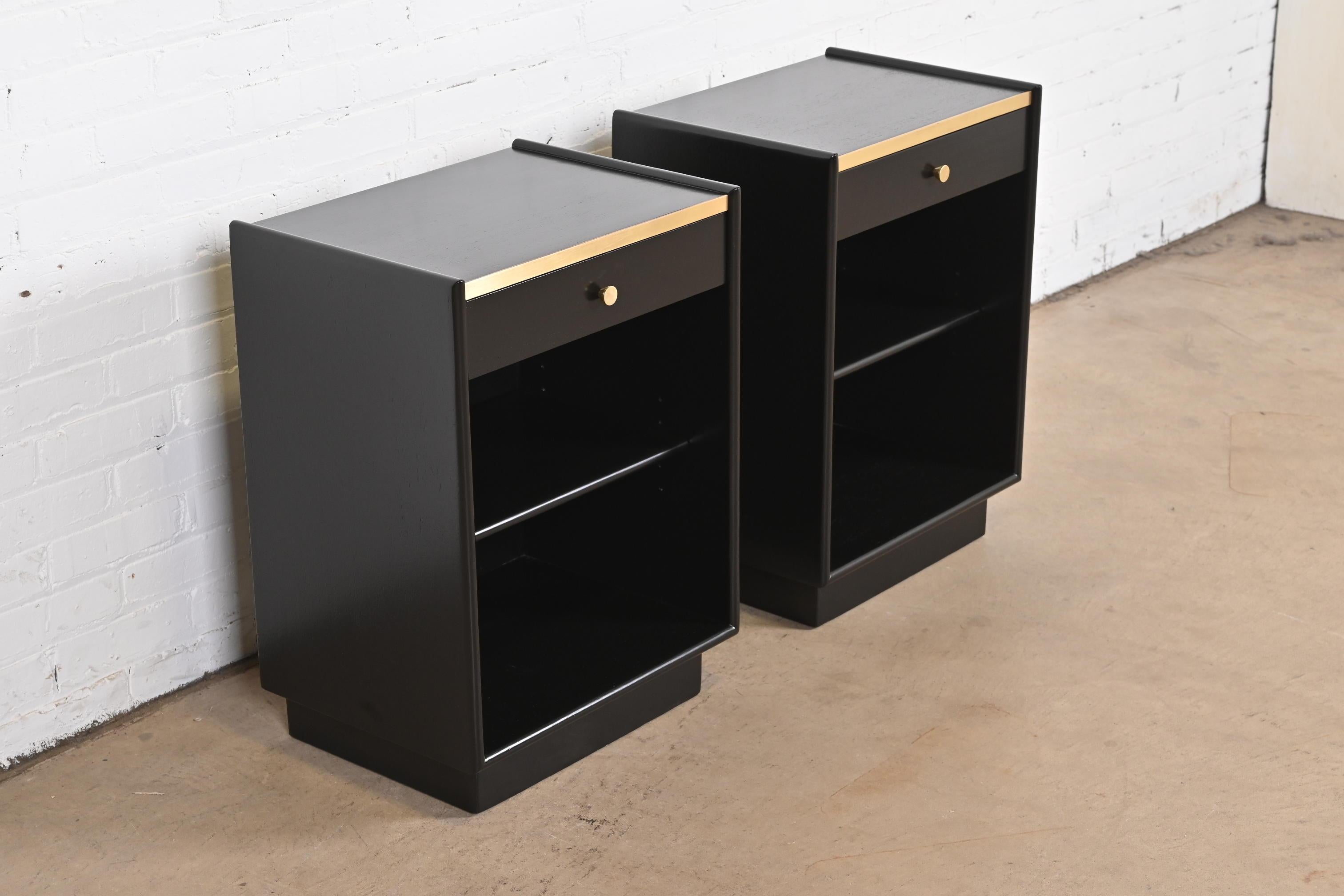 Mid-Century Modern Harvey Probber Black Lacquered Mahogany and Brass Nightstands, Newly Refinished For Sale