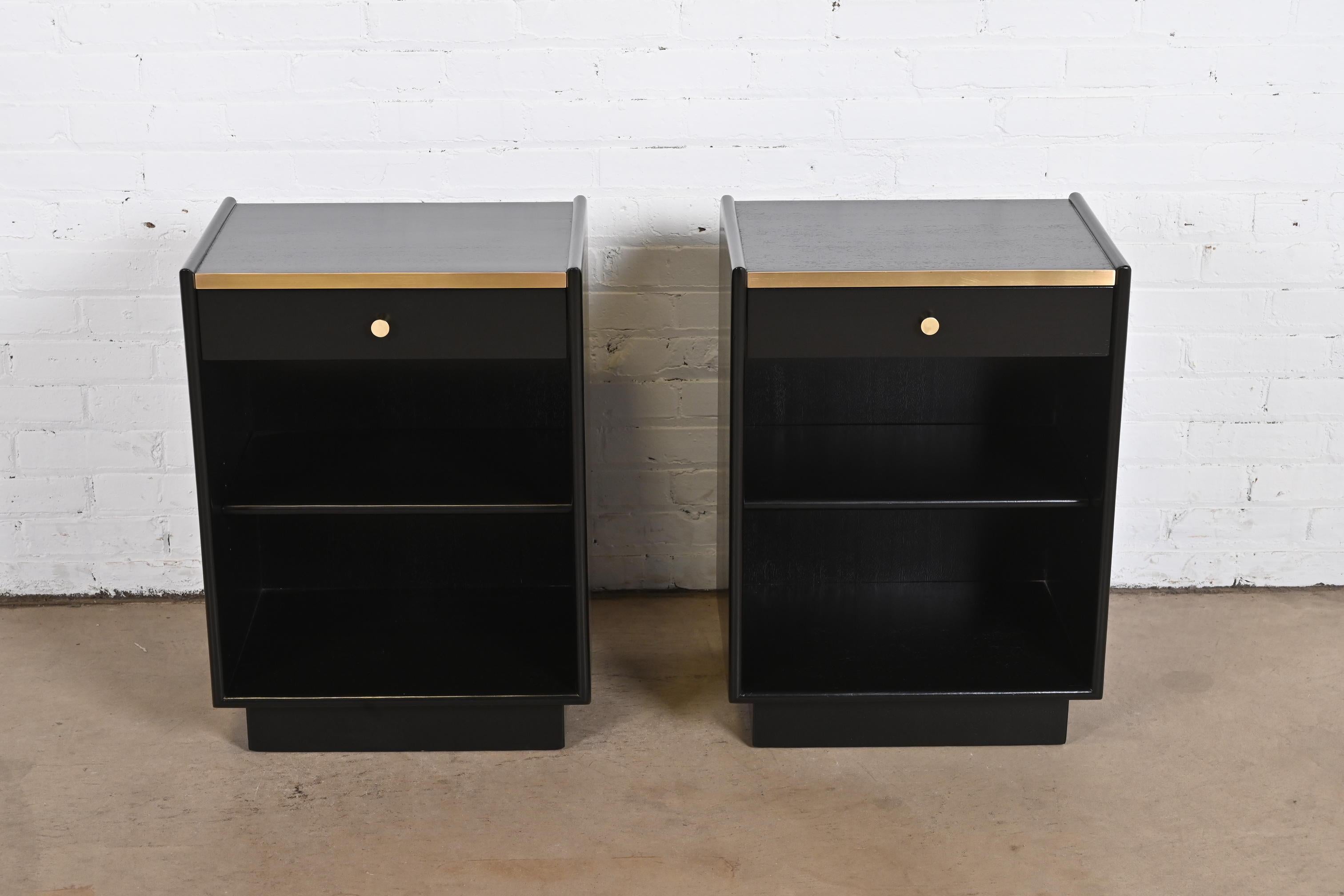 American Harvey Probber Black Lacquered Mahogany and Brass Nightstands, Newly Refinished For Sale