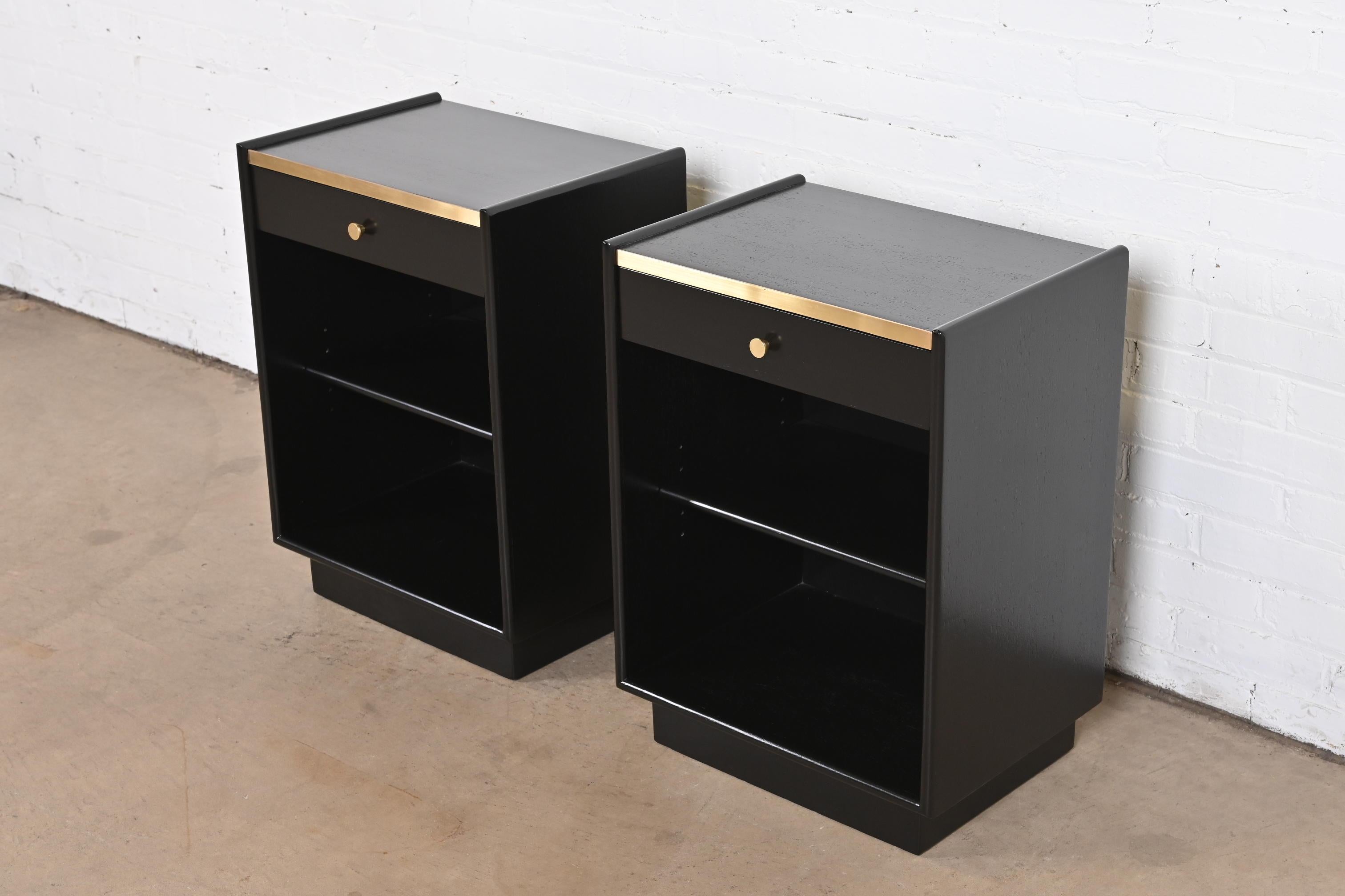 Mid-20th Century Harvey Probber Black Lacquered Mahogany and Brass Nightstands, Newly Refinished For Sale