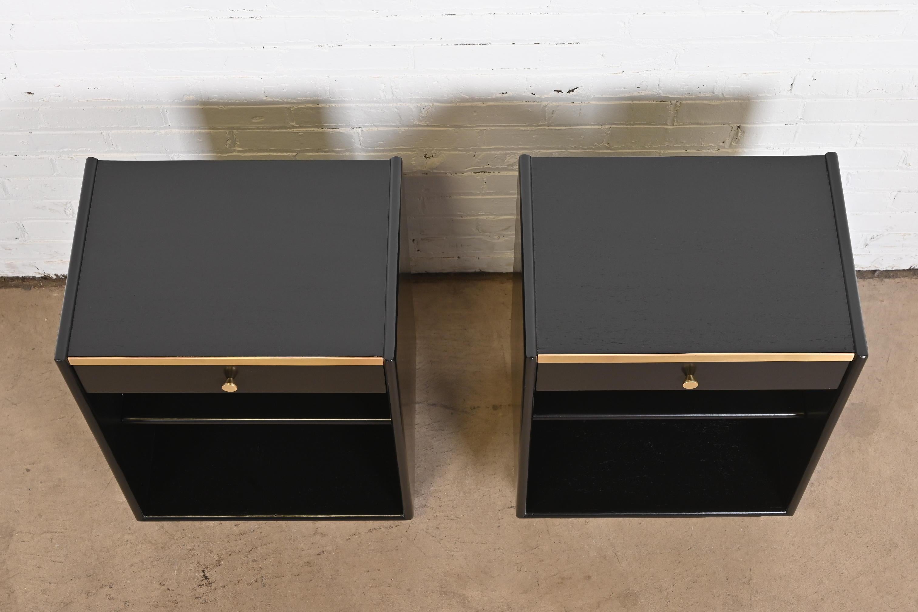 Harvey Probber Black Lacquered Mahogany and Brass Nightstands, Newly Refinished For Sale 2