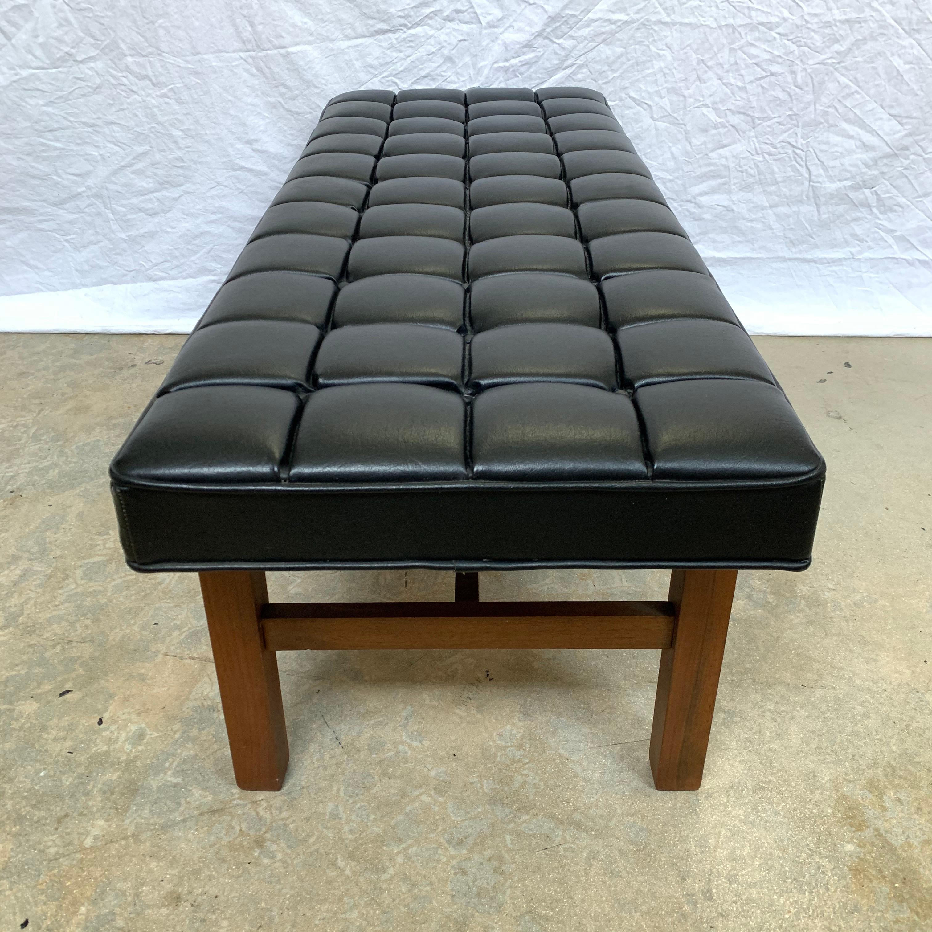 American Harvey Probber Black Vinyl Biscuit Tufted Walnut Bench or Ottoman, USA, 1960s